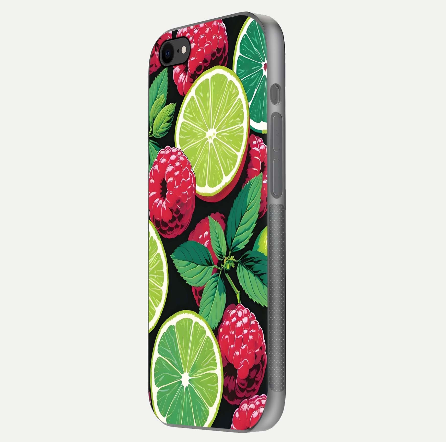 Lime and Raspberry Pattern Glass Case for iPhone 8 side-angle view revealing colorful fruit artwork details
