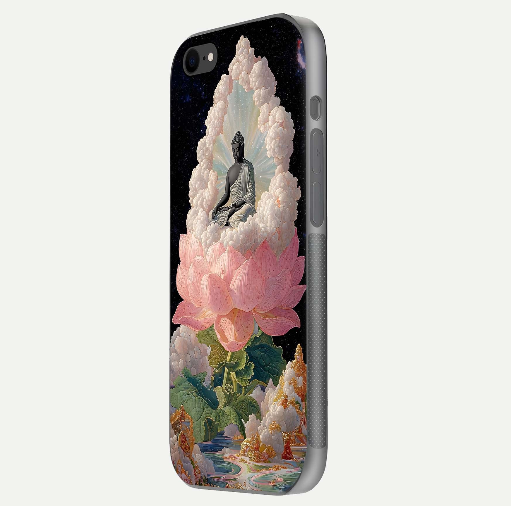 Lotus Divine Peace Glass Case for iPhone 8 side-angle shot showing elegant shine and floral symmetry