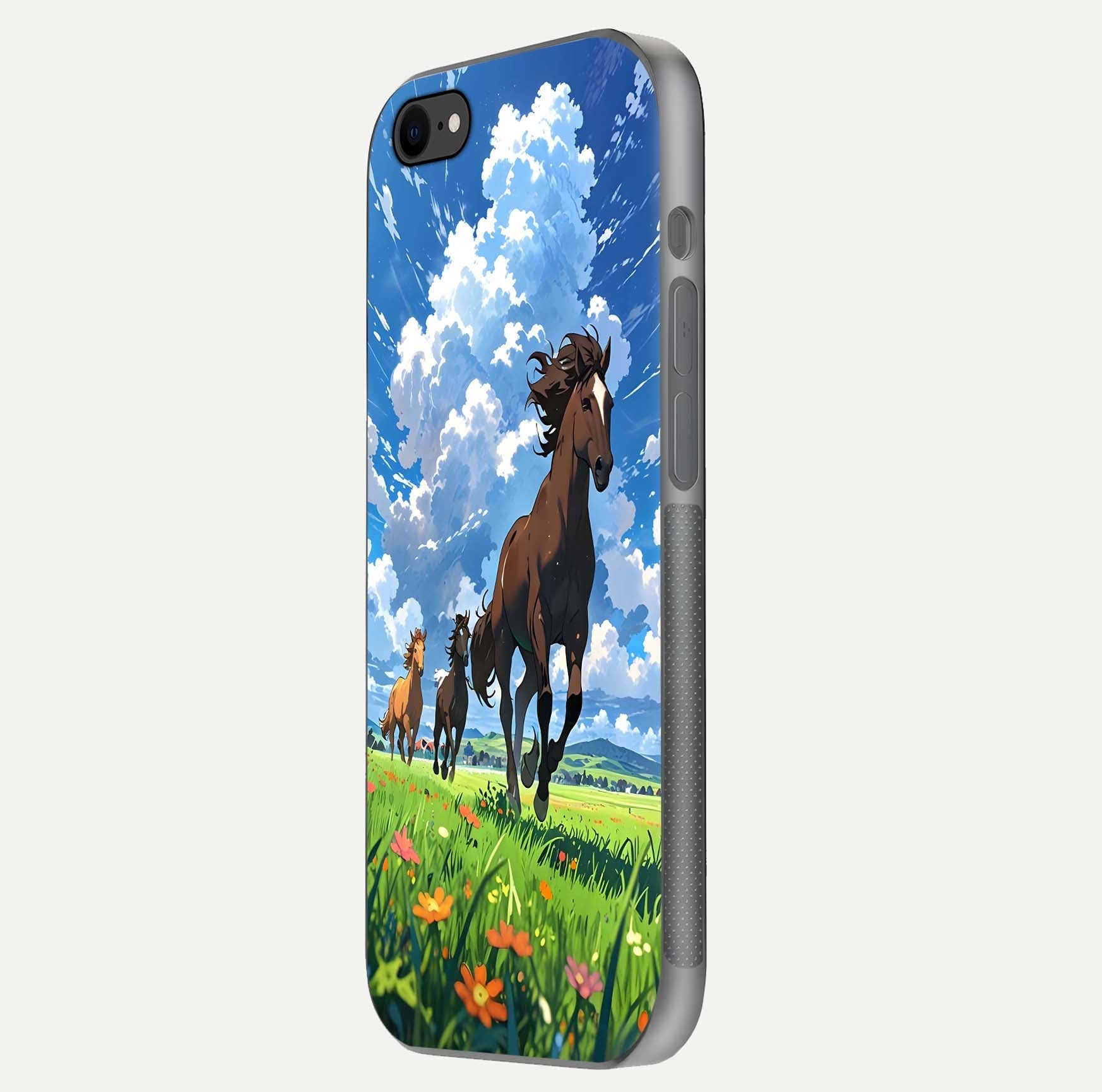 Majestic Horses Galloping Glass Case for iPhone 8 side-angle shot emphasizing reflection and running artwork