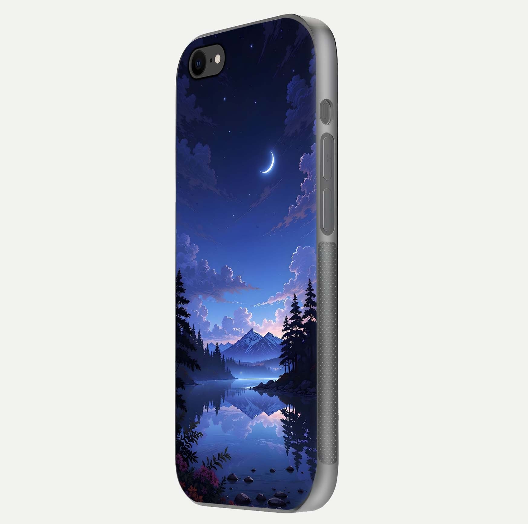 Midnight Lake Peace Glass Case for iPhone 8 side-angle image showing HD shine and tranquil color tones