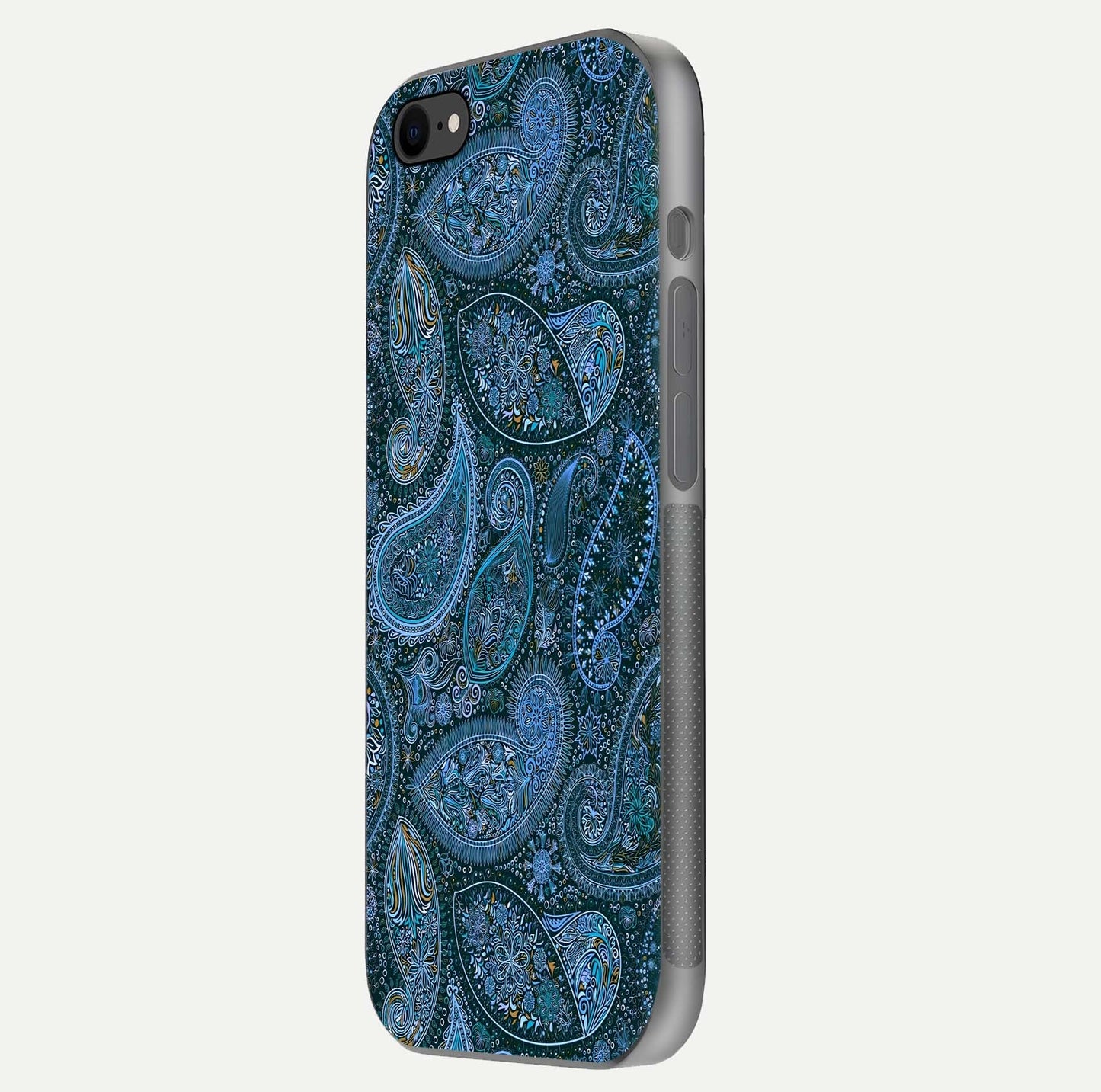 Midnight Paisley Glow Glass Case for iPhone 8 side-angle image revealing reflective gloss and paisley art
