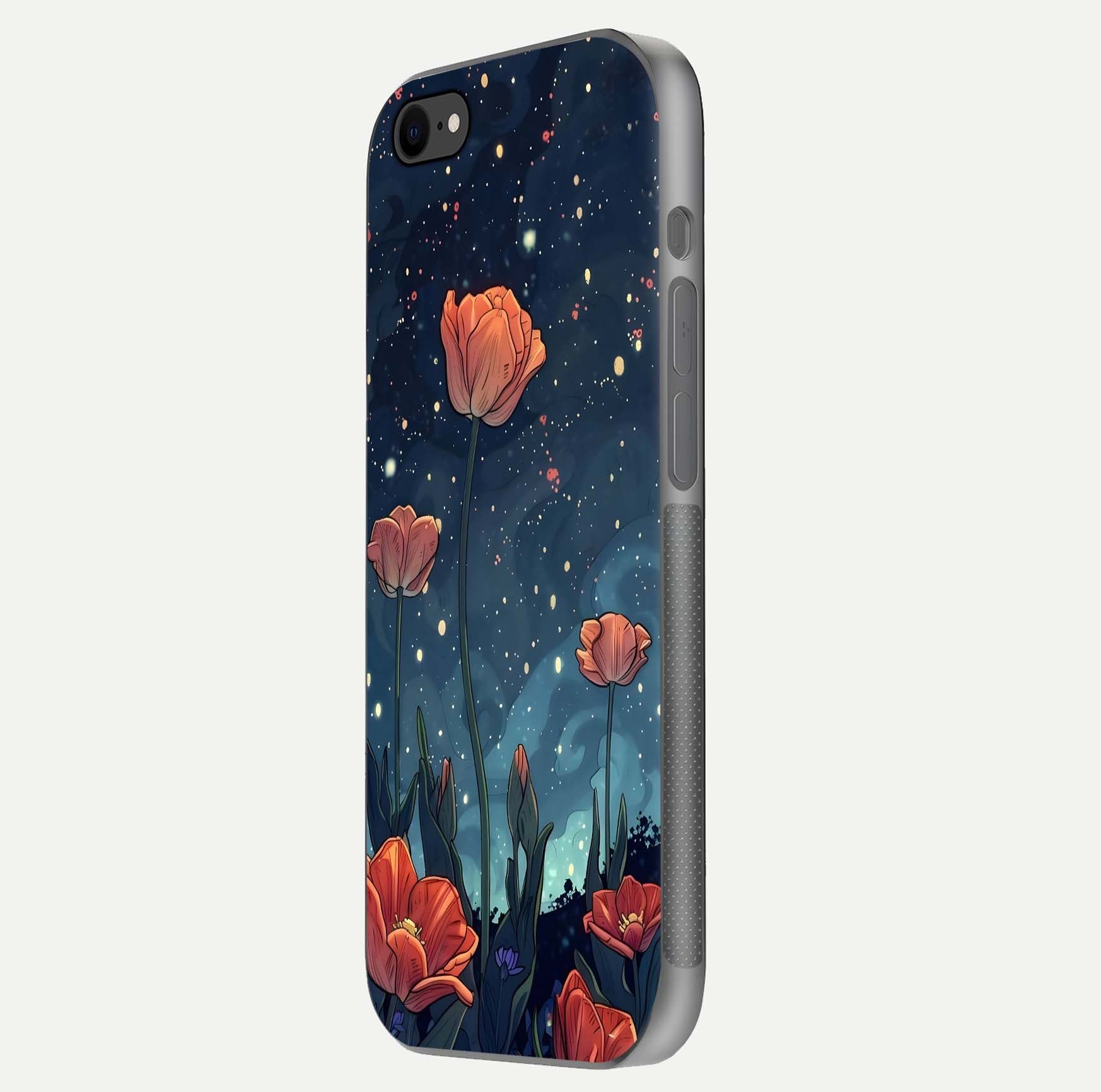 Midnight Tulip Glow Glass Case for iPhone 8 side-angle image showing shine depth and flower artwork