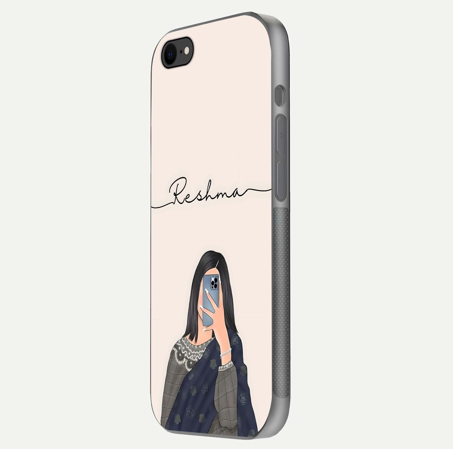 Mirror Mood Muse Custom Name Glass Case for iPhone 8 side-angle image emphasizing glossy mirror texture