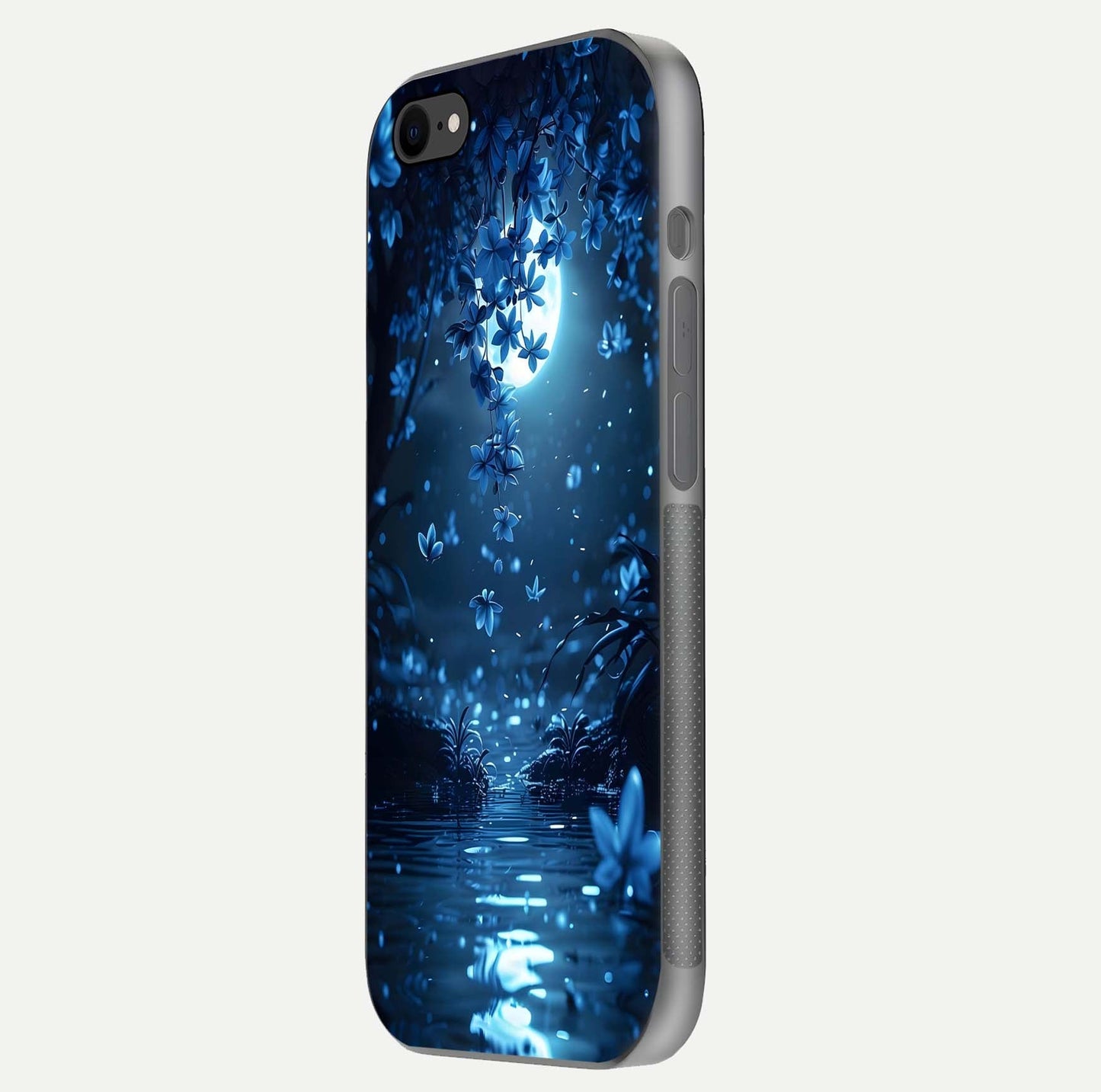 Moonlight Petal Dream Glass Case for iPhone 8 side-angle image showing reflection and petal detail