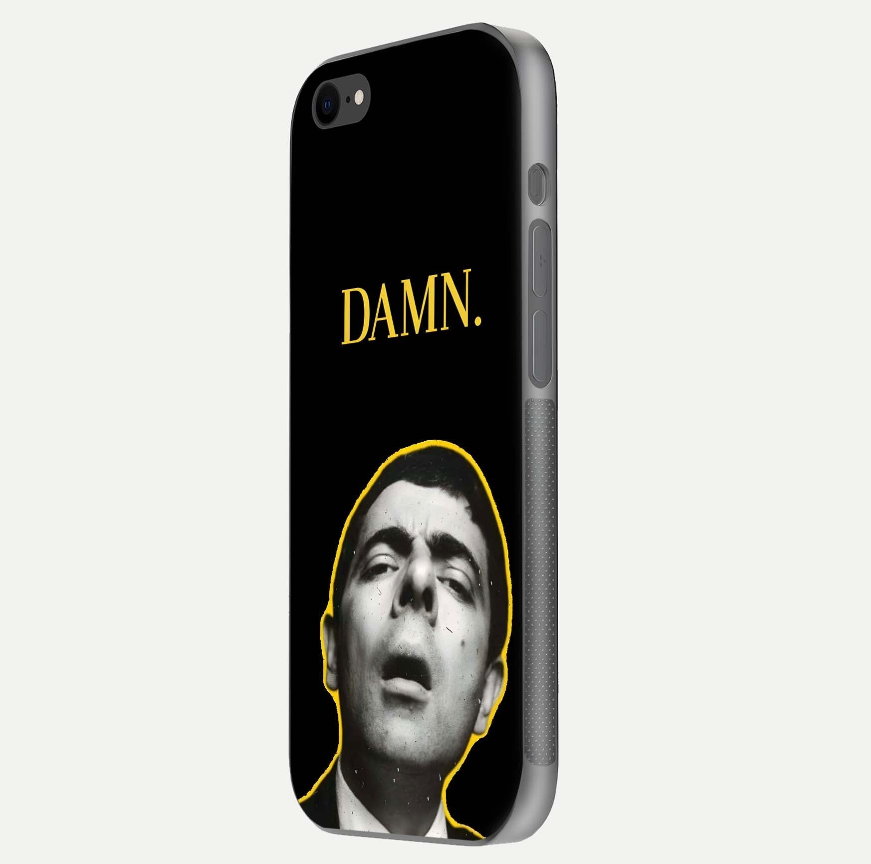 Mr Bean Damn Glass Case for iPhone 8 side-angle image emphasizing HD print clarity and playful theme