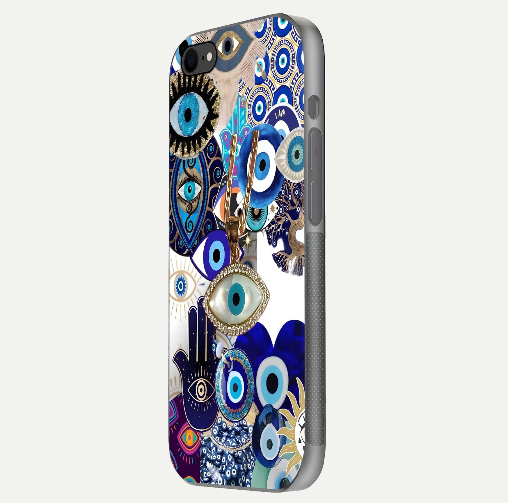 Mystic Charm Eye Glass Case for iPhone 8 side-angle image showing HD reflection and sacred tone