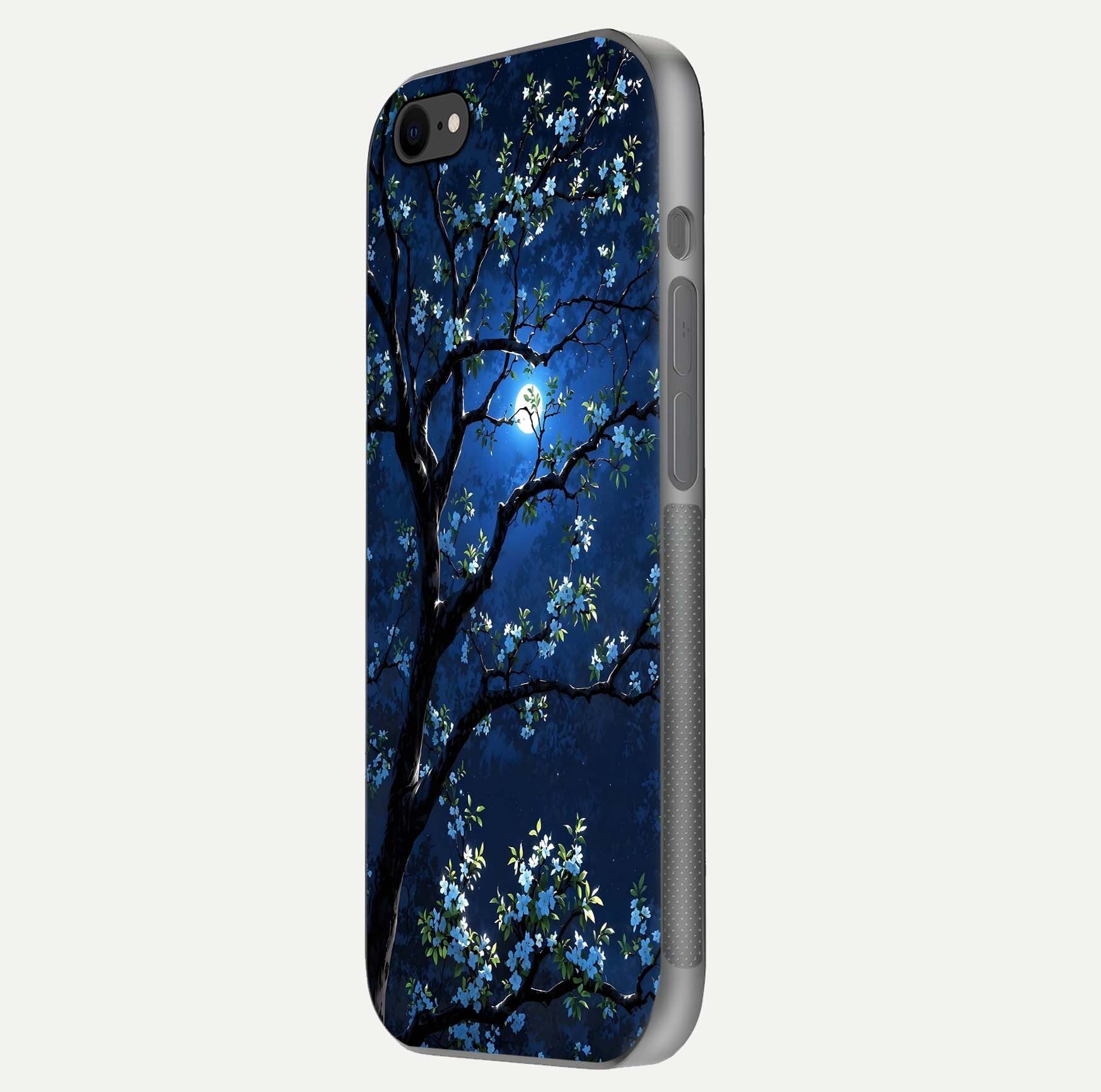 Mystic Floral Night Glass Case for iPhone 8 side-angle image showing gloss surface and midnight floral tones