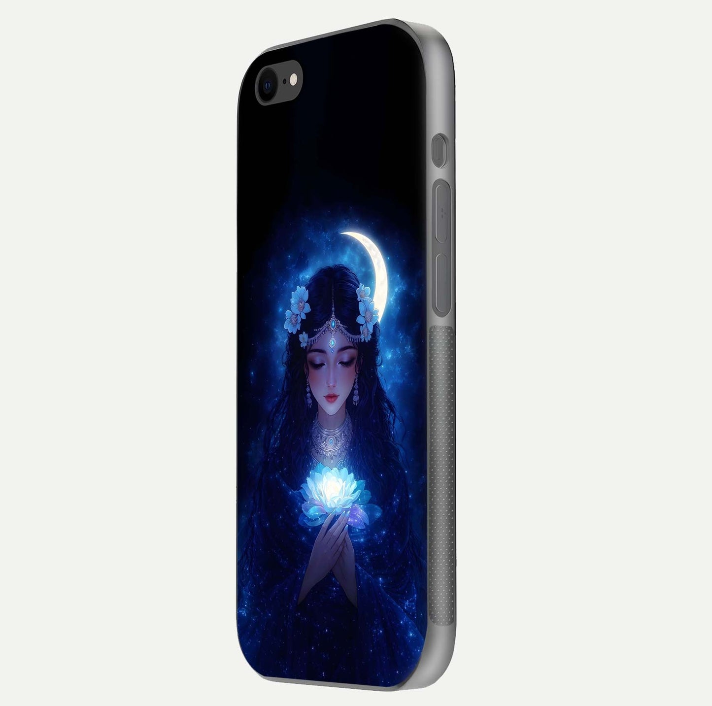 Mystic Moon Queen Glass Case for iPhone 8 side-angle image showing reflection and celestial details