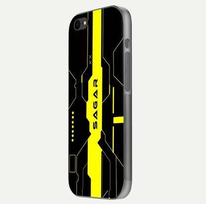 Neon CYBERPUNK Custom Name Glass Case for iPhone 8 side-angle image showing glow depth and bold print