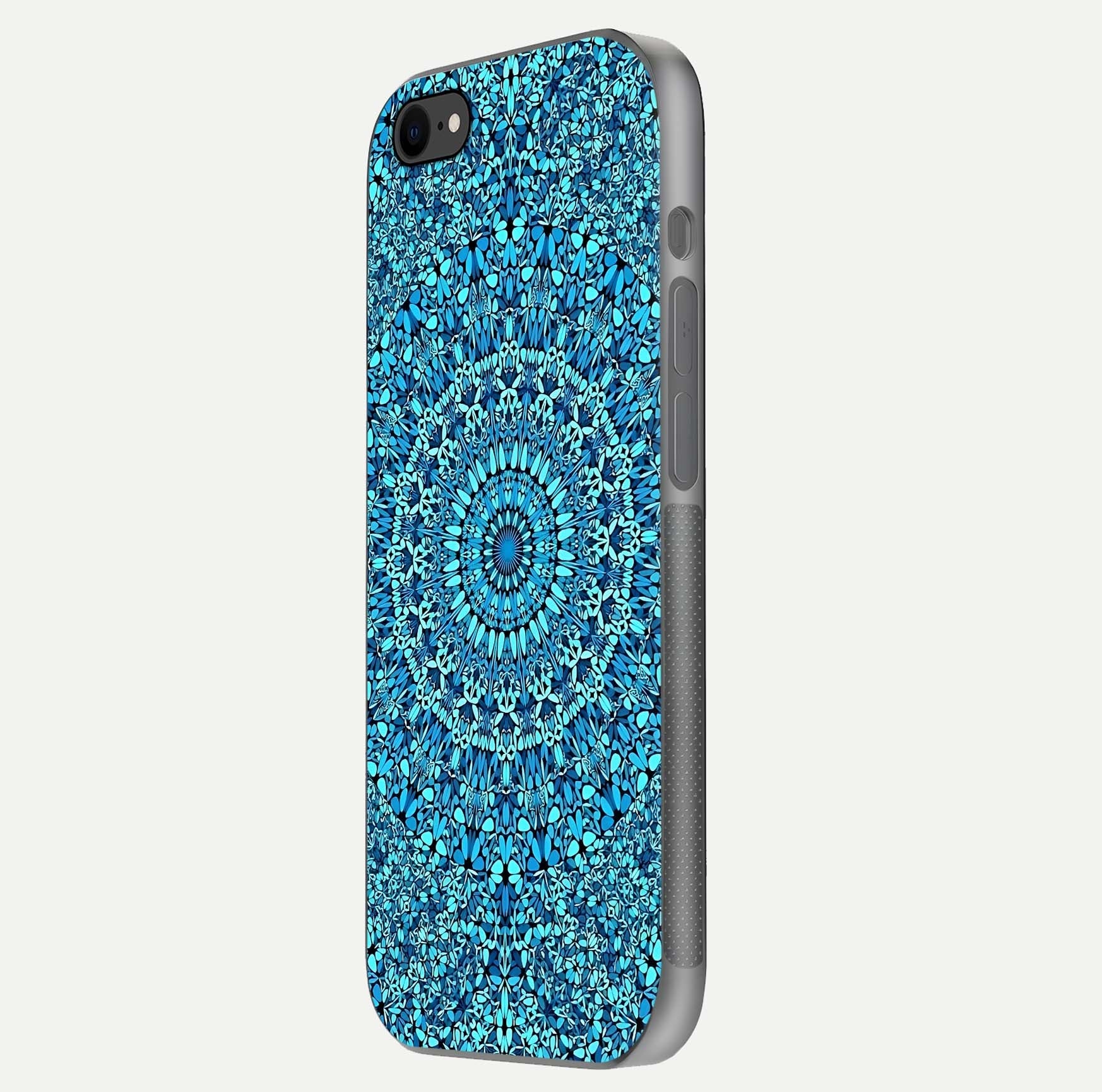 Ocean Bloom Mandala Glass Case for iPhone 8 side-angle image showing reflection and detailed floral pattern