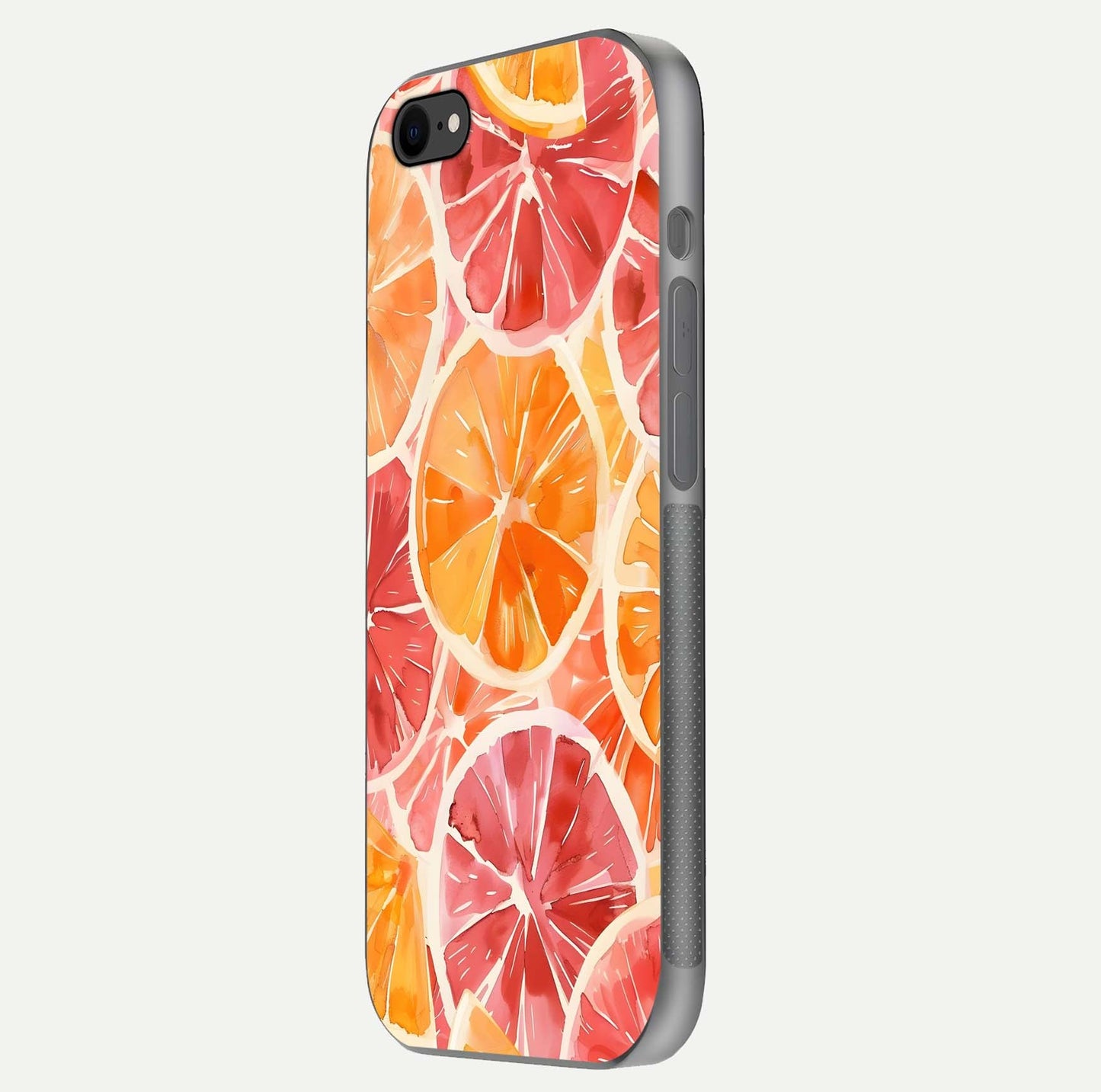 Orange Fruits Pattern Glass Case for iPhone 8 side-angle image showing glossy shine and citrus pattern