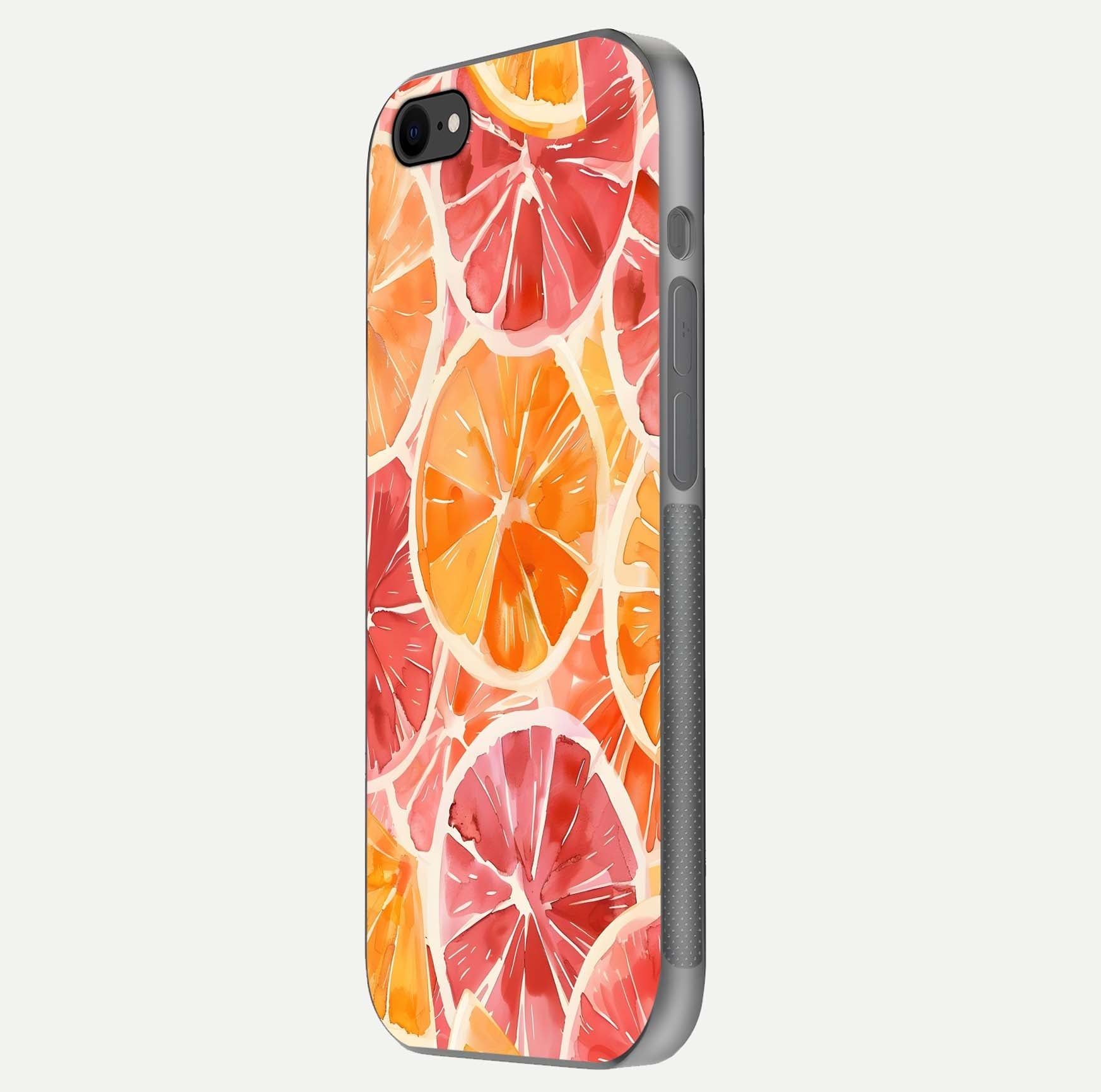 Orange Fruits Pattern Glass Case for iPhone 8 side-angle image showing glossy shine and citrus pattern