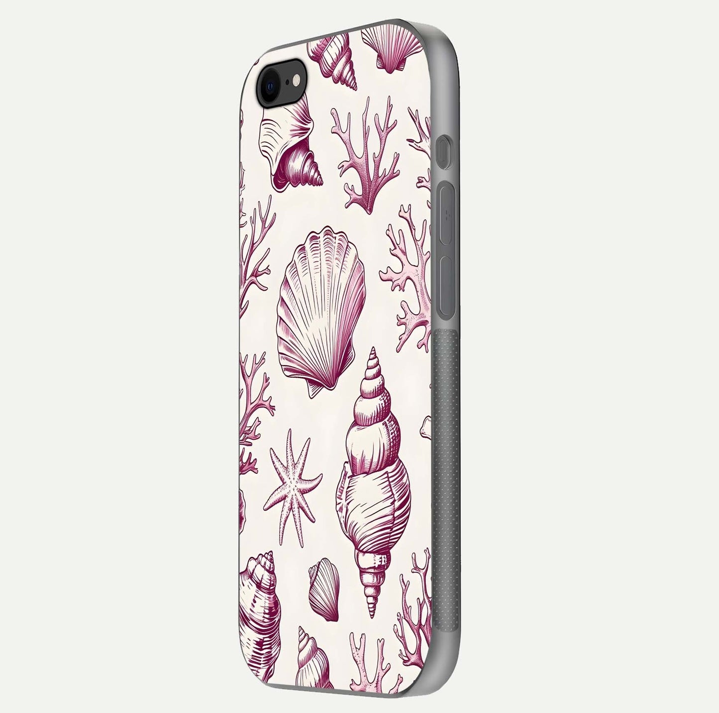 Pink Shells Outline Glass Case for iPhone 8 side-angle image showing shine and intricate outline texture