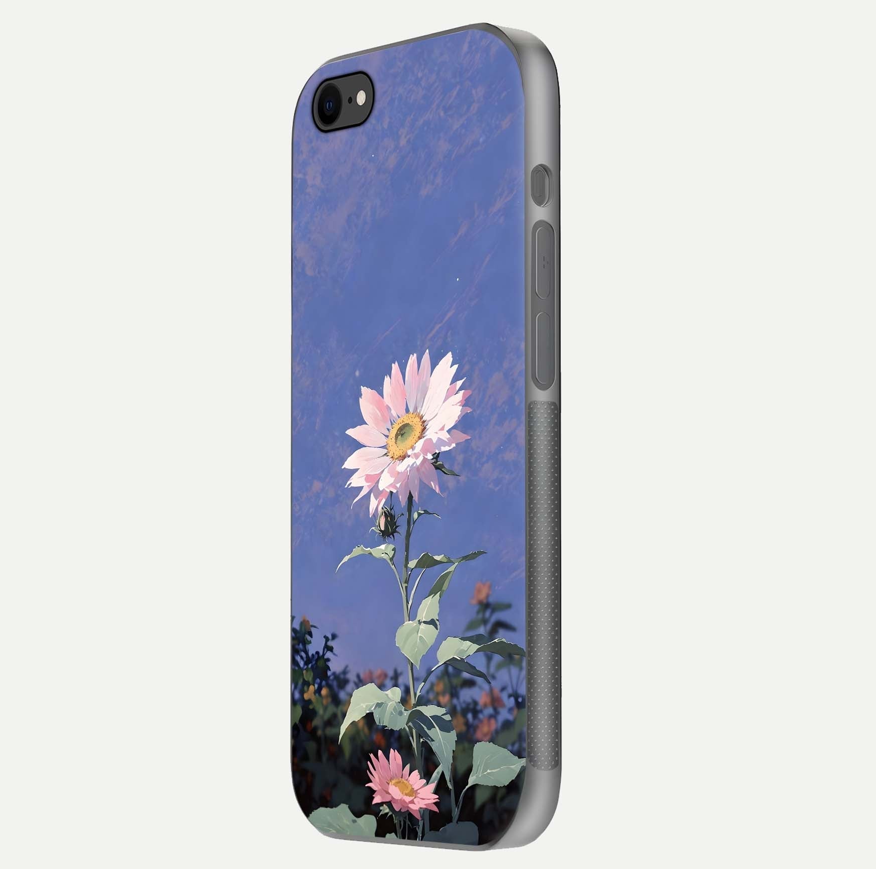 Pink Sunflower Glow Glass Case for iPhone 8 side-angle image showing glossy edges and vivid sunflower tones