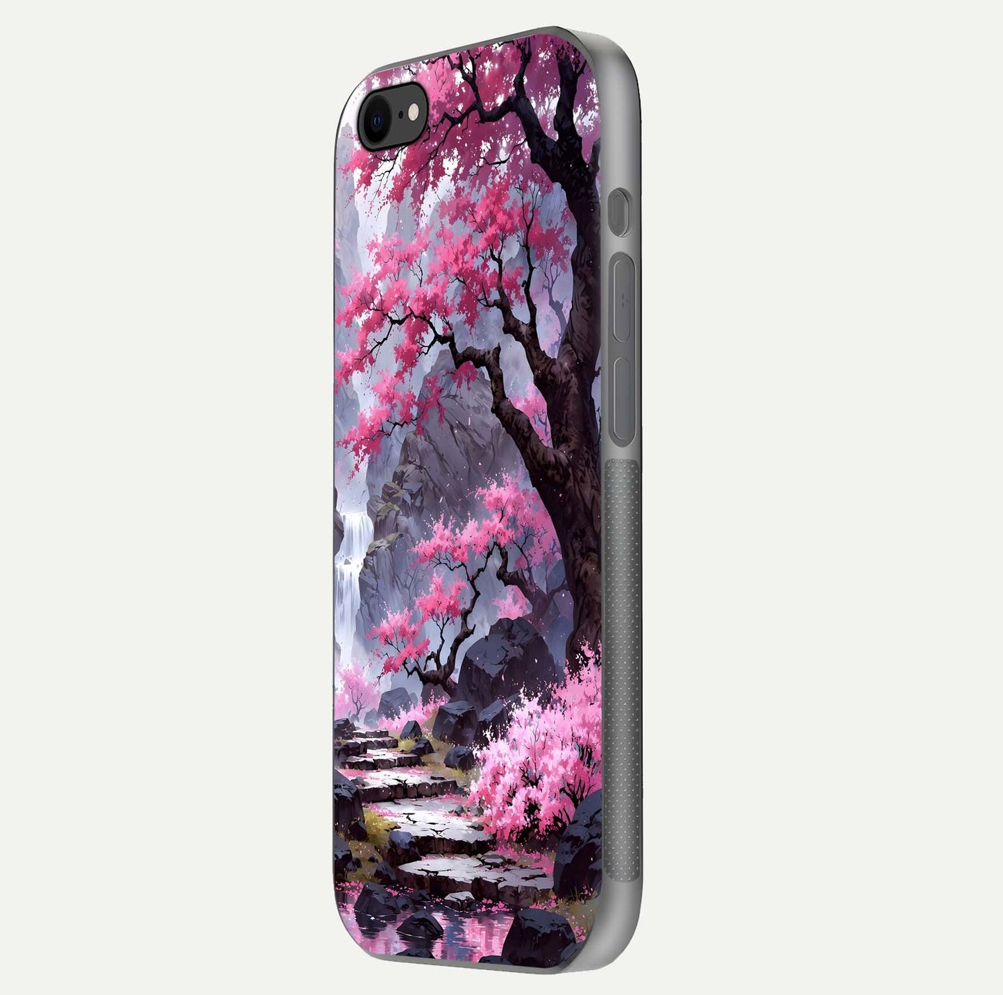 Pinkish Scenery Glass Case for iPhone 8 side-angle image showing depth, gloss, and scenic details