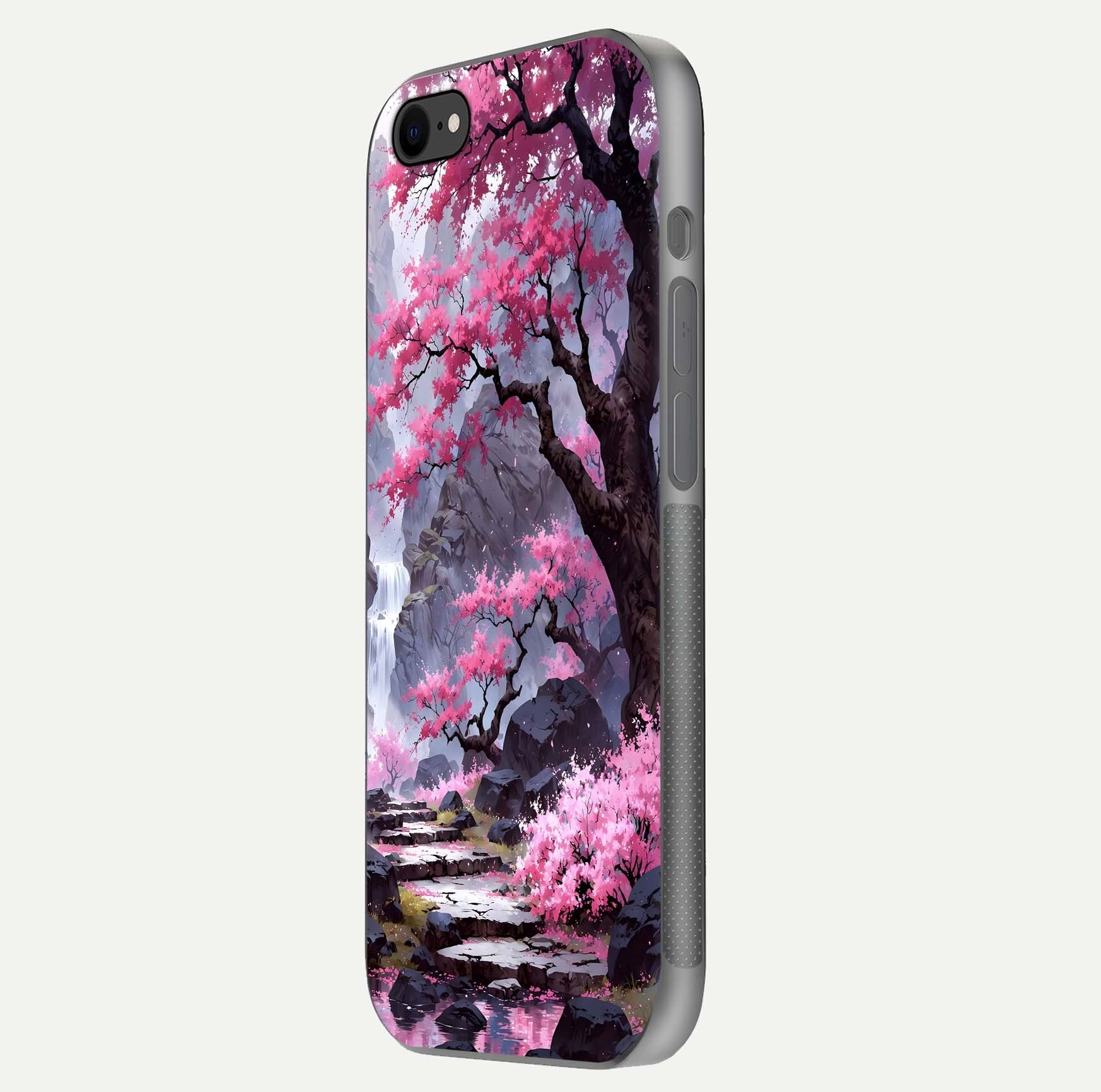 Pinkish Scenery Glass Case for iPhone 8 side-angle image showing depth, gloss, and scenic details