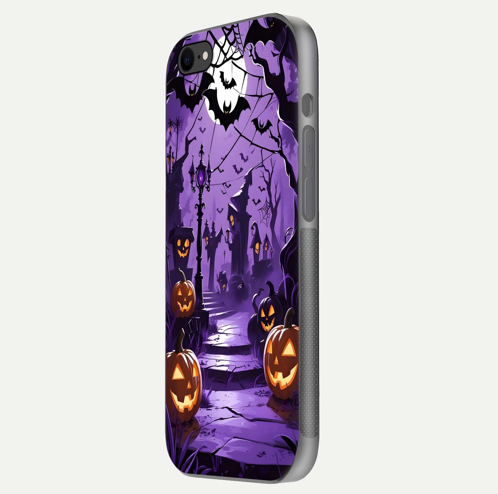 Pumpkin Patch Halloween Glass Case for iPhone 8 side-angle image showing shine, camera cutout, and spooky art