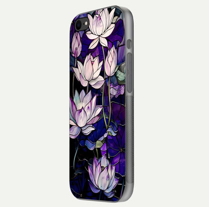 Purple Lotus Pattern Glass Case for iPhone 8 side-angle image showing reflection depth and lotus detail
