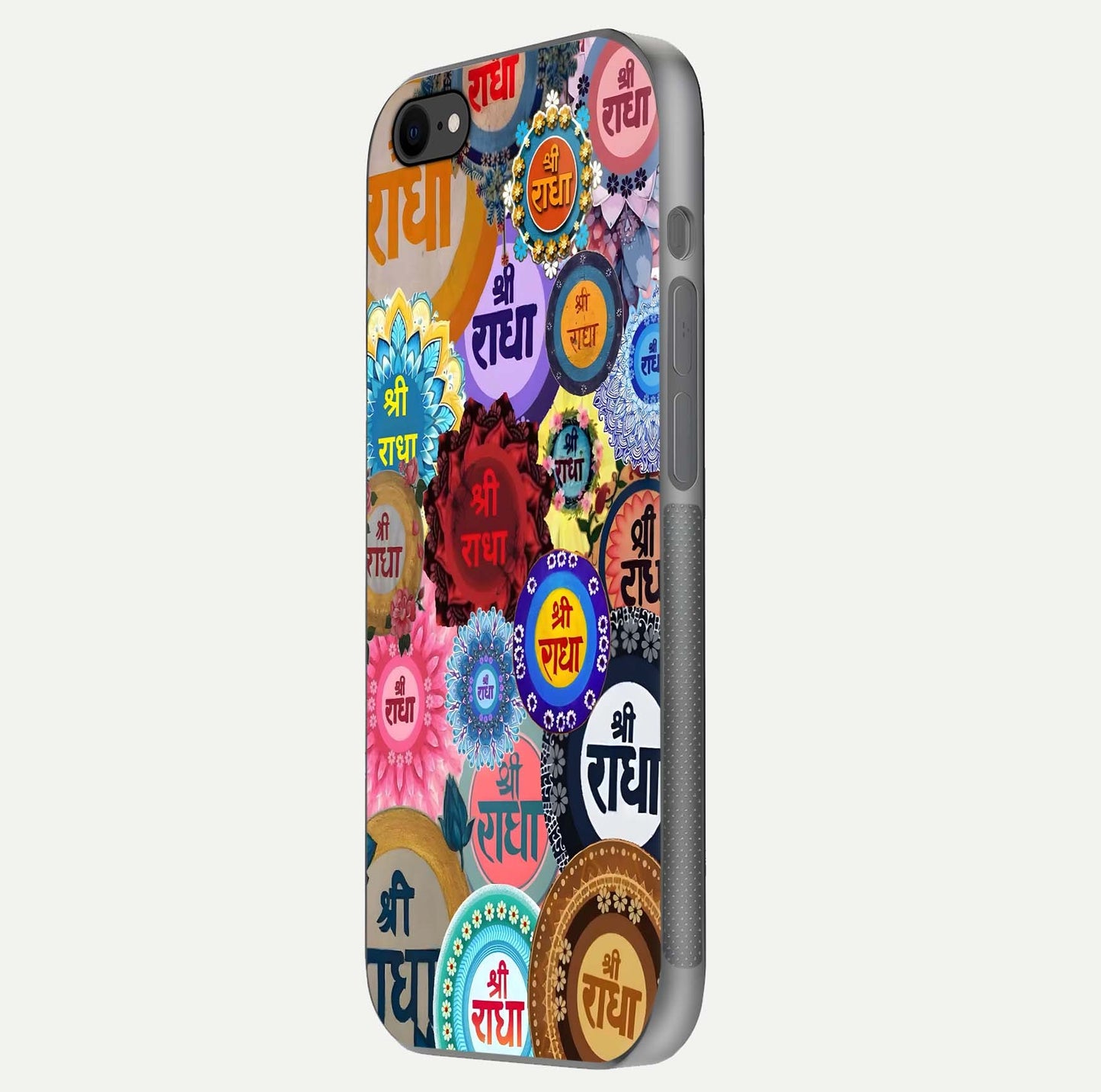 Radha Divine Bloom Glass Case for iPhone 8 side-angle image showing shine, reflection, and floral motif
