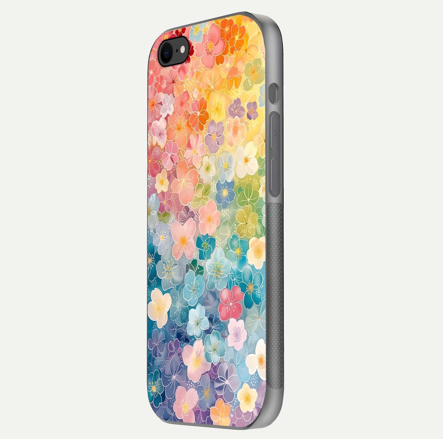 Rainbow Blossom Burst Glass Case for iPhone 8 side-angle image showing reflection and floral burst detail