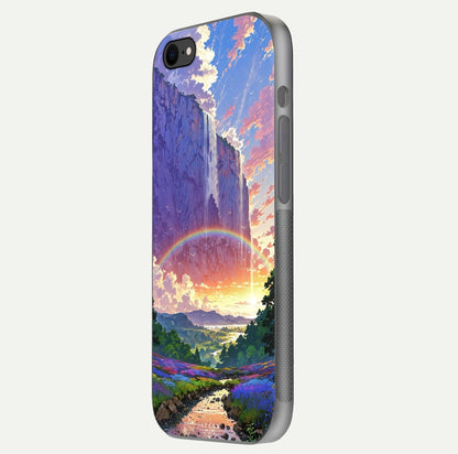 Rainbow Valley Dream Glass Case for iPhone 16 Pro side-angle image showing light reflection and scenic tones