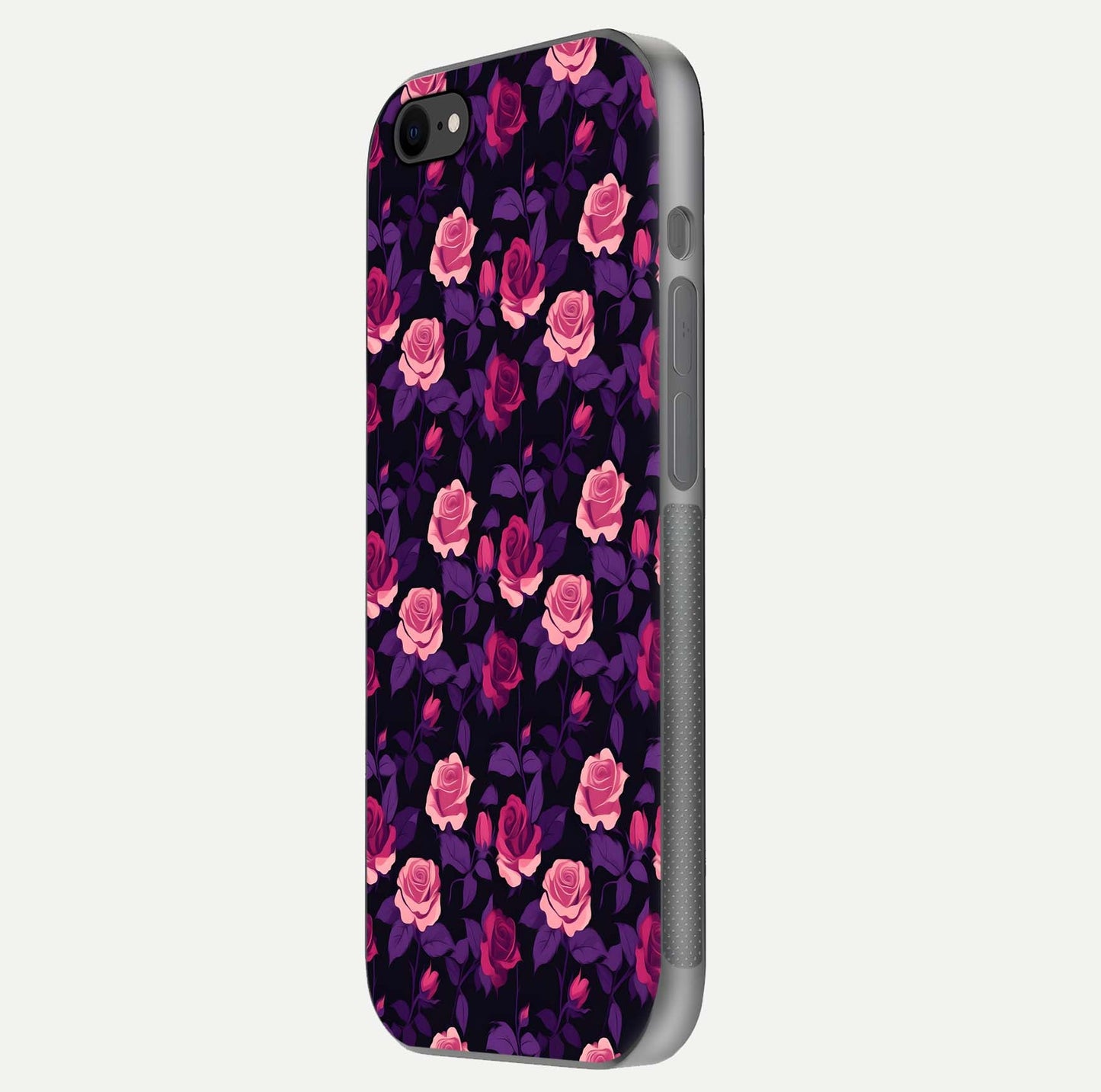 Rose Garden Twilight Glass Case for iPhone 8 side-angle image showing reflection, gloss, and floral detail