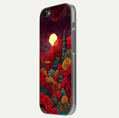 Scarlet Autumn Temple Glass Case for iPhone 8 side-angle image showing color depth and reflection clarity