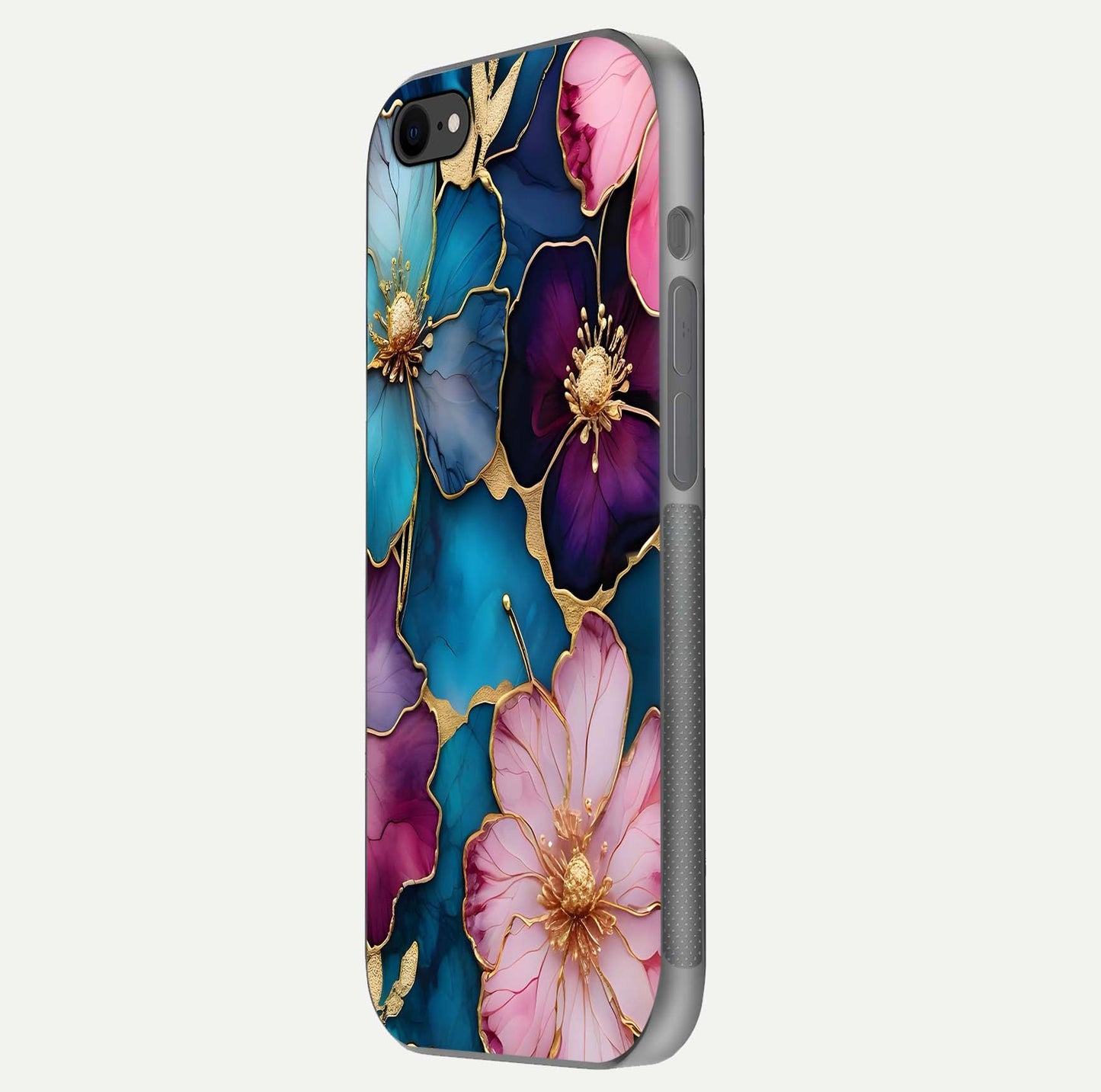 Sparkle Floral Glass Case for iPhone 8 side-angle image showing reflection, gloss, and floral texture
