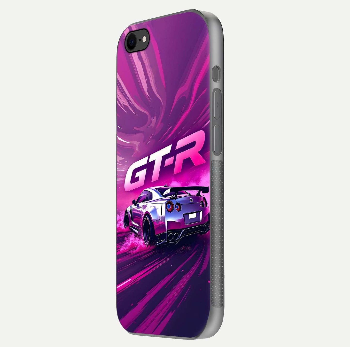 Speed Drift Legend Glass Case for iPhone 8 side-angle image showing car print reflection and surface gloss