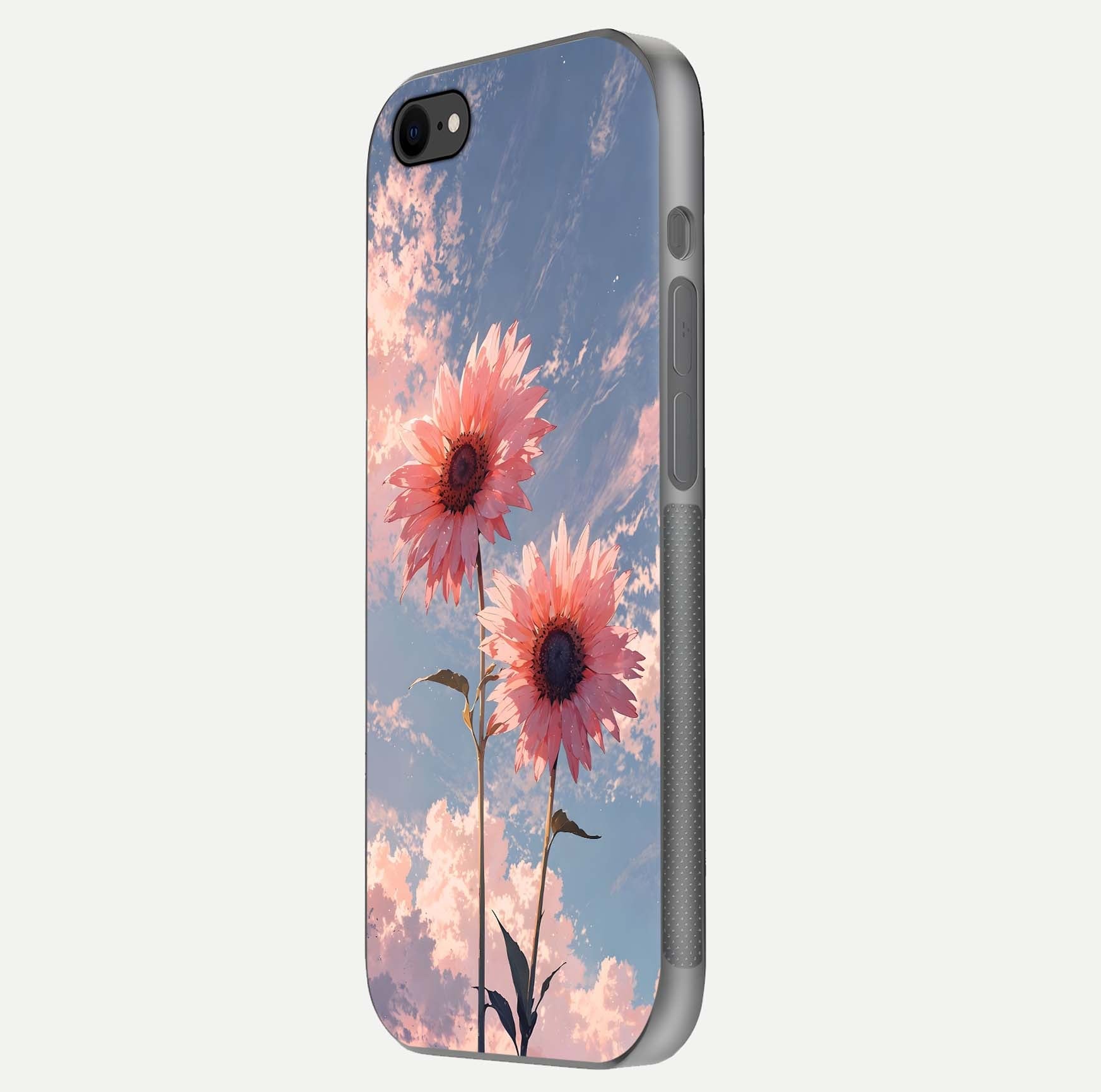 Sunlit Daisy Glow Glass Case for iPhone 8 side-angle image showing shine, gloss, and floral highlight