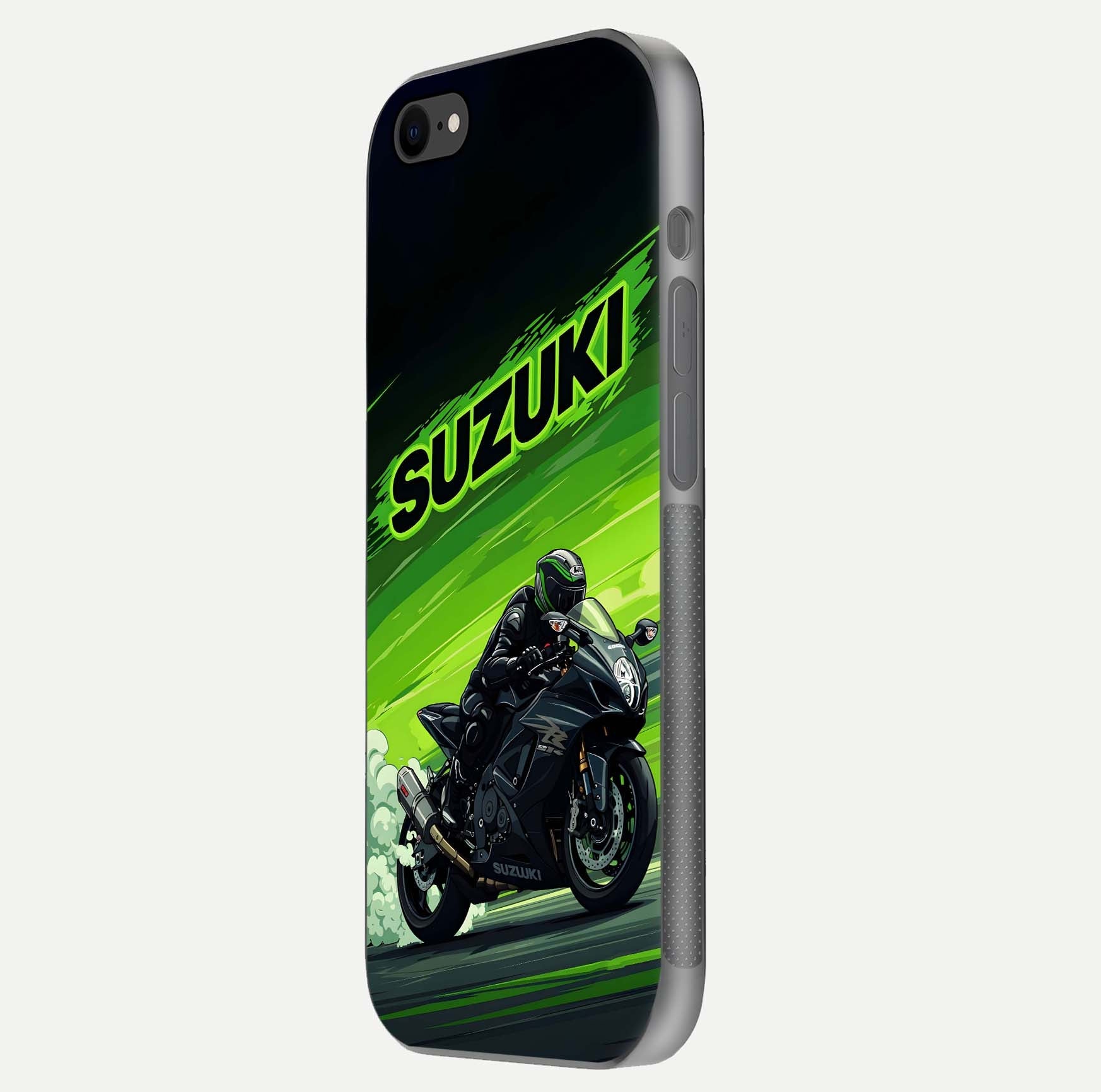 Suzuki Speed Beast Glass Case for iPhone 8 side-angle image showing reflection, gloss, and car detailing