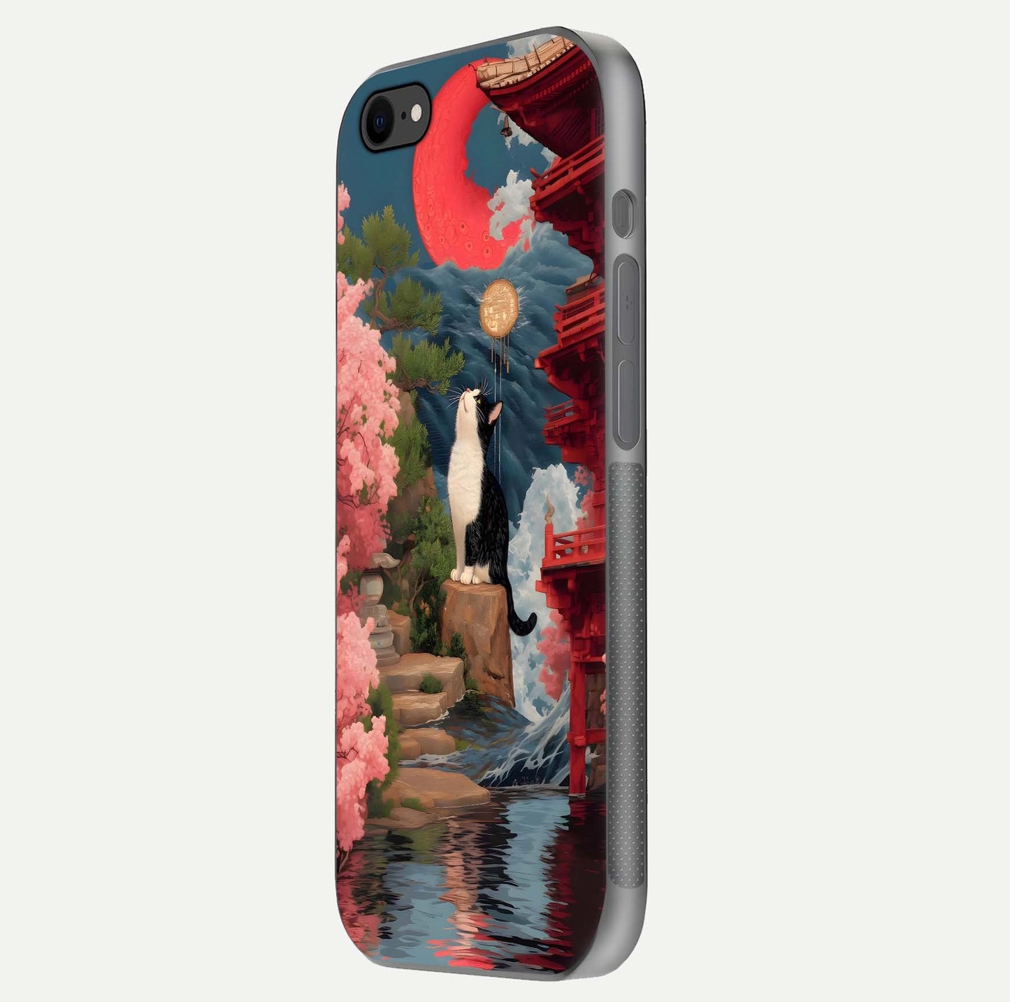 Temple Cat Scenery Glass Case for iPhone 8 side-angle image showing shine and printed temple pattern