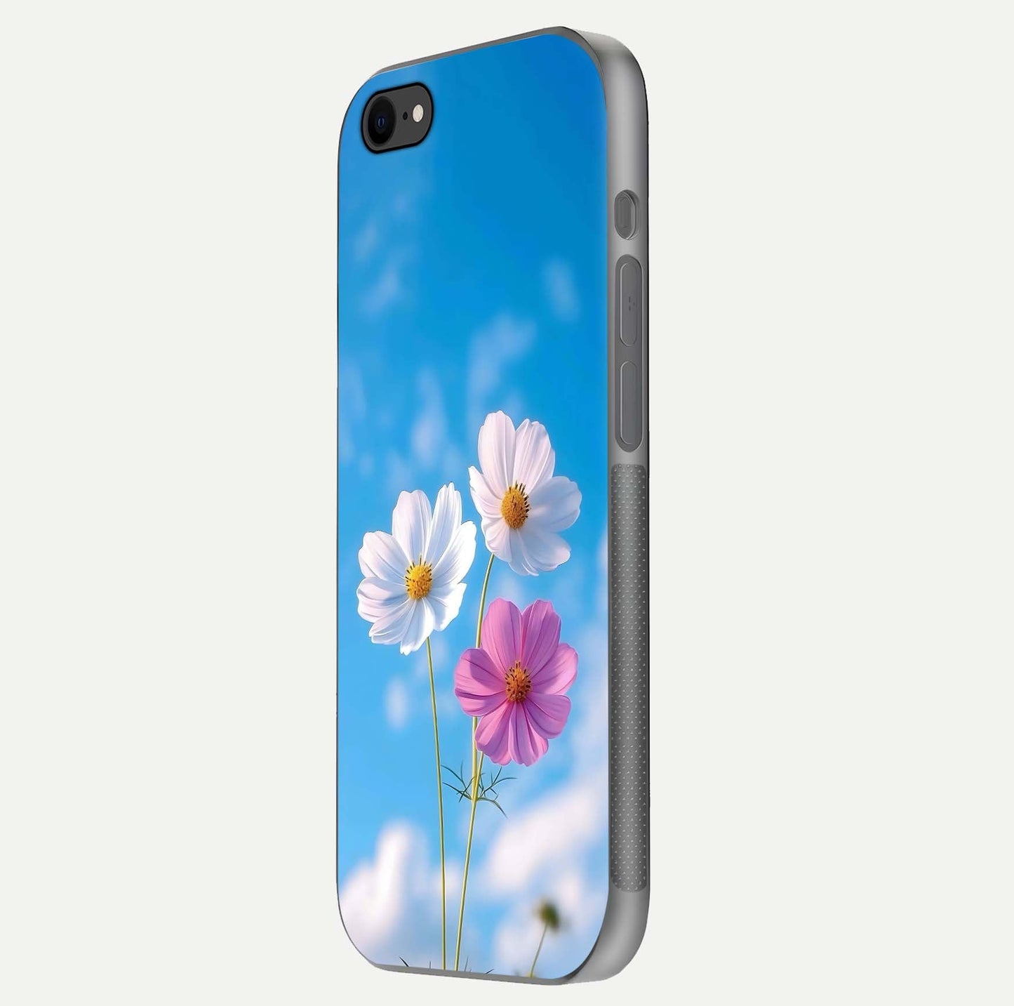 Triple Flowers With Sky Glass Case for iPhone 8 side-angle image showing gloss, texture, and floral design