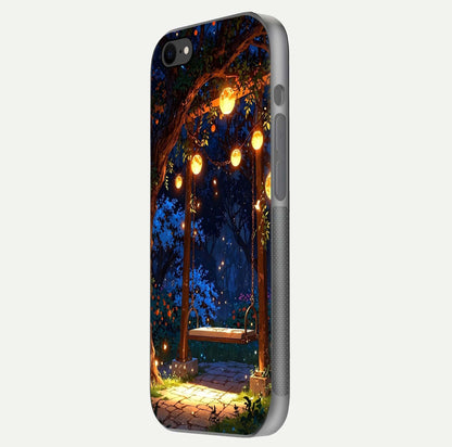 Twilight Garden Swing Glass Case for iPhone 8 side-angle image showing reflection, gloss, and scenic depth