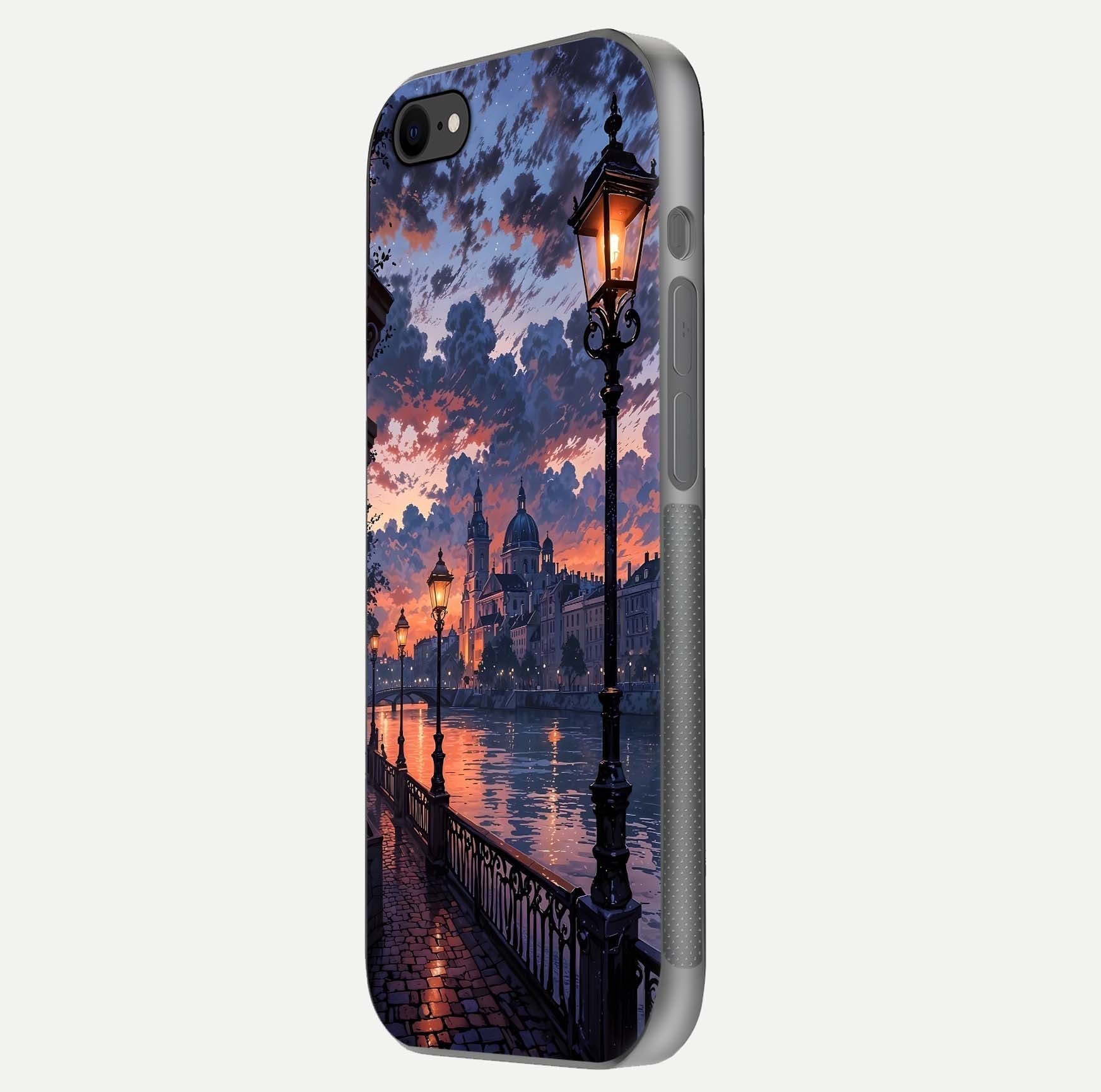 Twilight River Lights Glass Case for iPhone 8 side-angle image showing reflections, lighting, and gradient tones