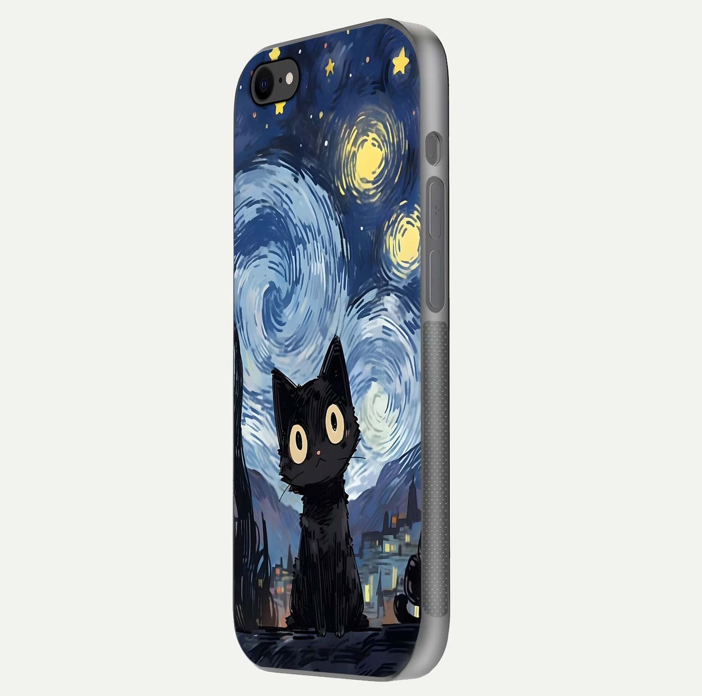 Van Gogh Cat Glass Case for iPhone 8 side-angle image showing light reflection and vivid artwork