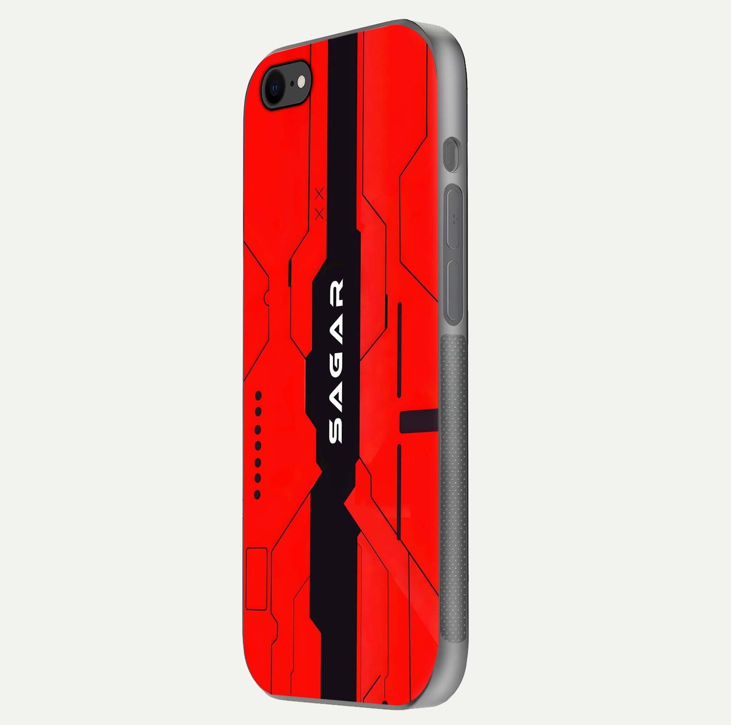 Voltage Rise CYBERPUNK Custom Name Glass Case for iPhone 8 side-angle image showing gloss and cyberpunk detail