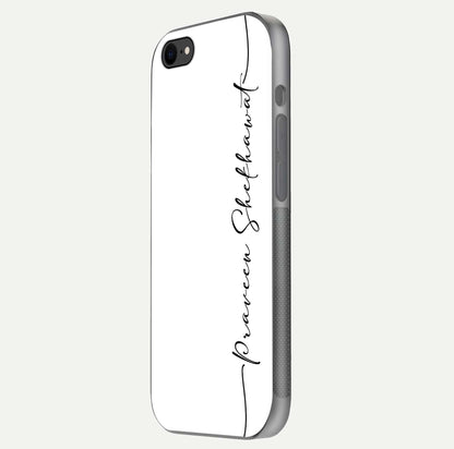 White Tune Custom Name Glass Case for iPhone 8 side-angle image showing shine, gloss, and minimal tone