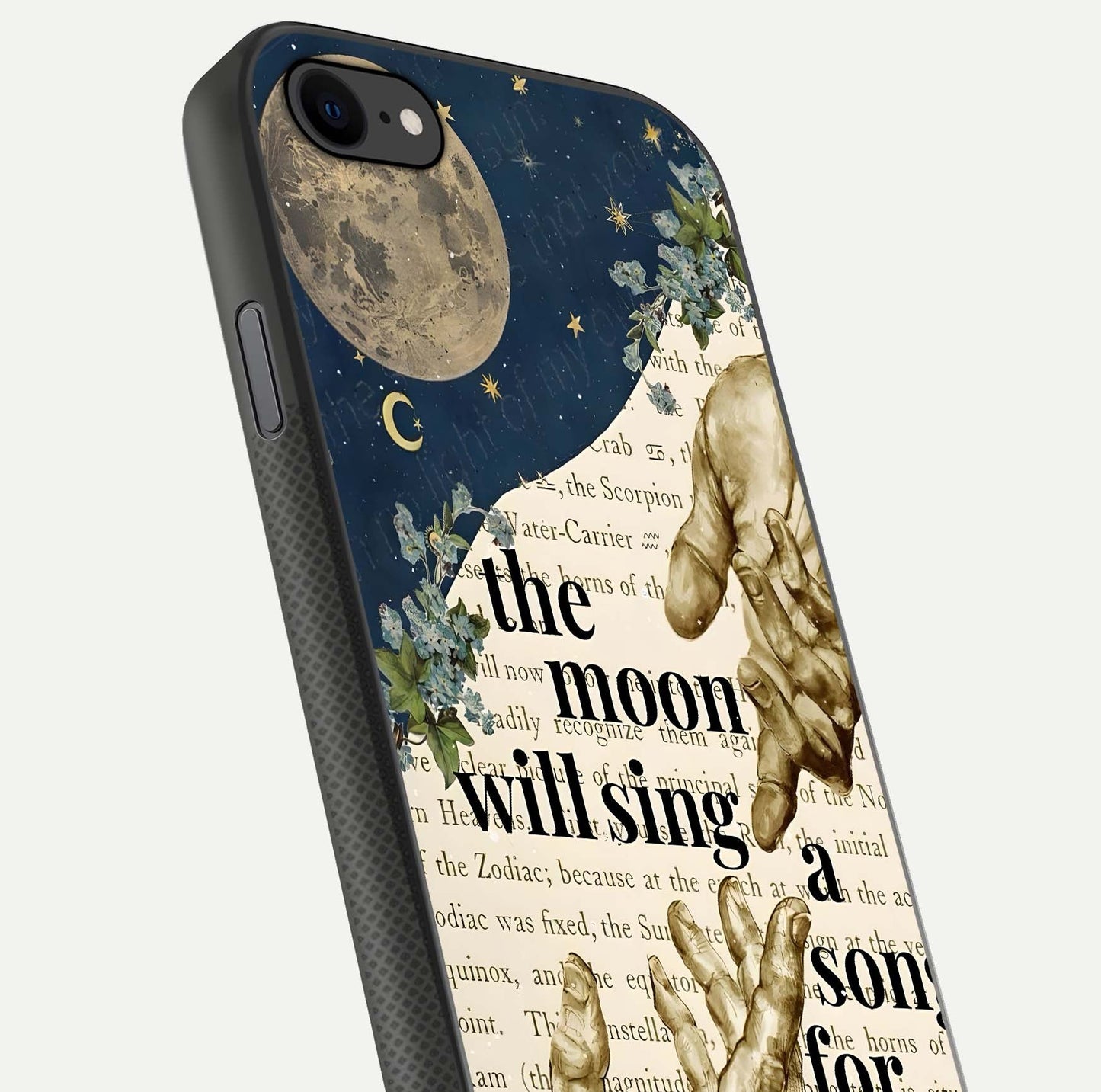 Aesthetic Divine Glass Case for iPhone 16 Pro close-up angled shot showing detailed divine artwork and gloss reflection