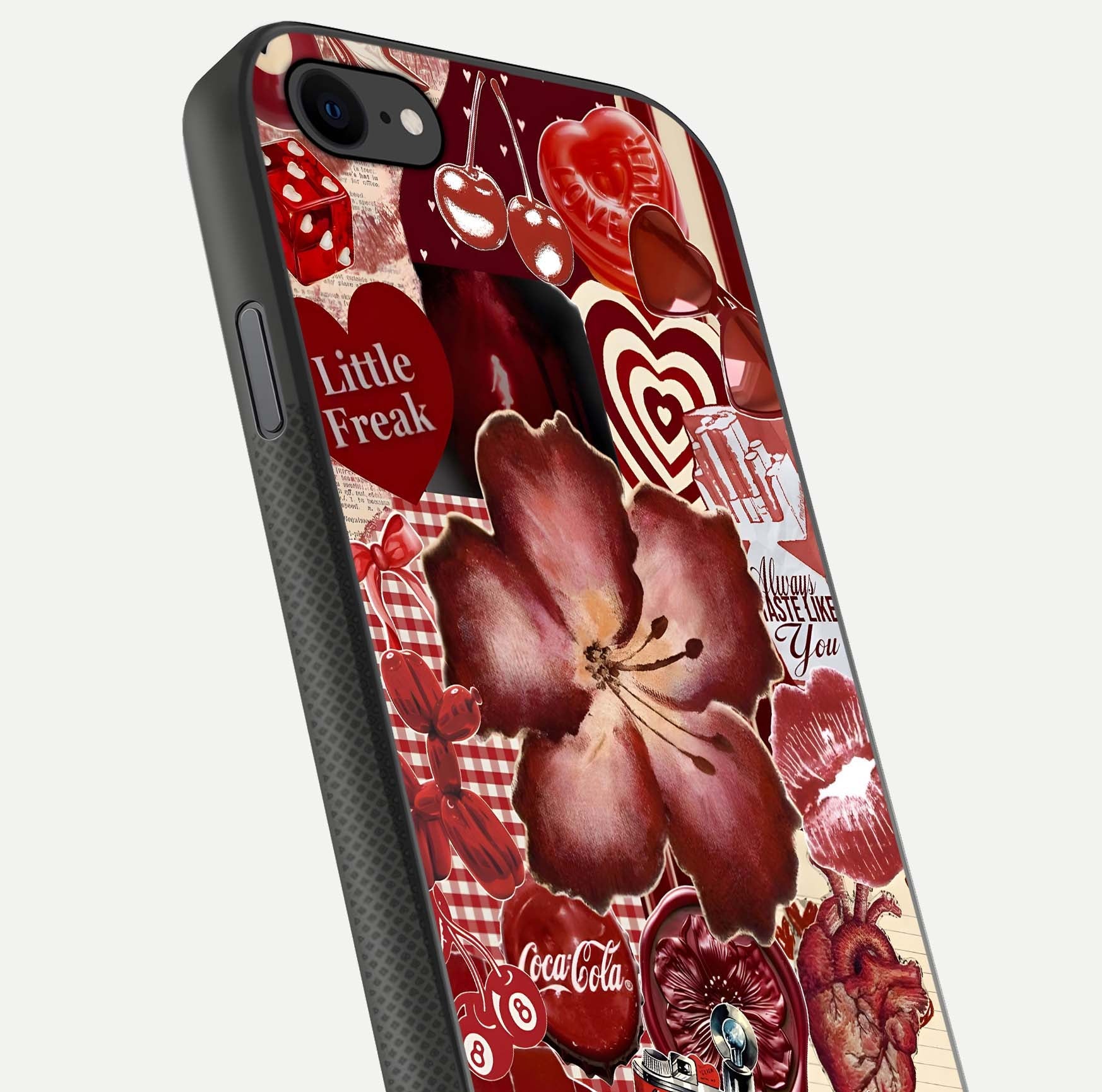 Aesthetic Little Freak Glass Case for iPhone 16 Pro close-up angled shot showing detailed artwork, bold design, and gloss reflection