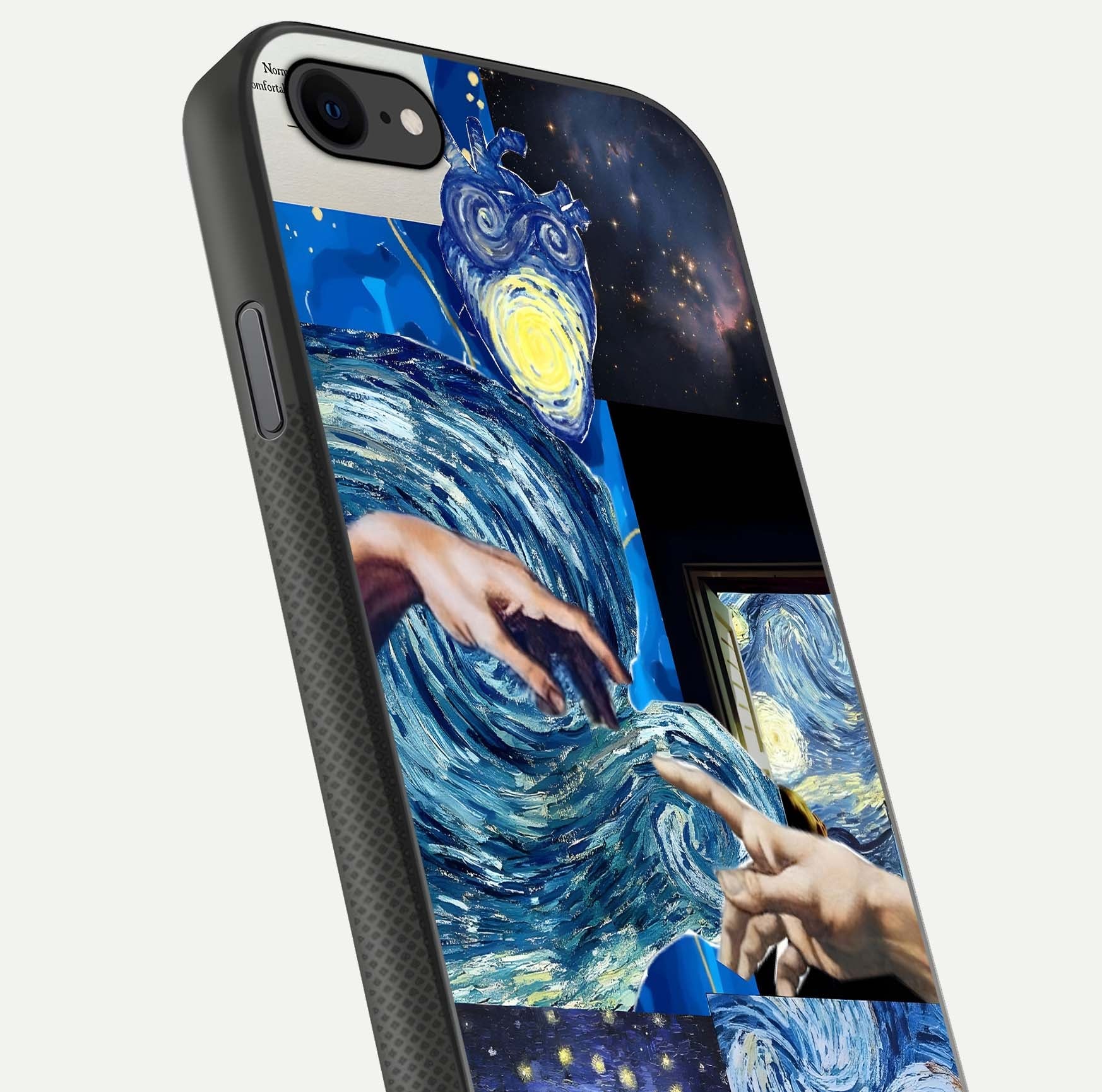 Aesthetic Vando Hands Glass Case for iPhone 16 Pro close-up angle showing fine detailing of hand artwork and glass reflection