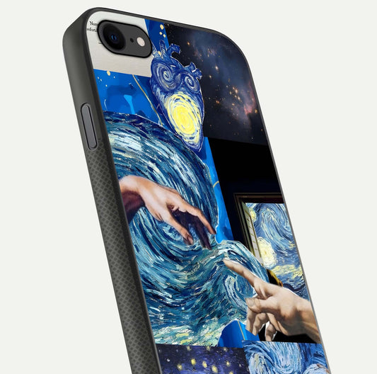 Aesthetic Vando Hands Glass Case for iPhone 8 close-up angle showing fine detailing of hand artwork and glass reflection
