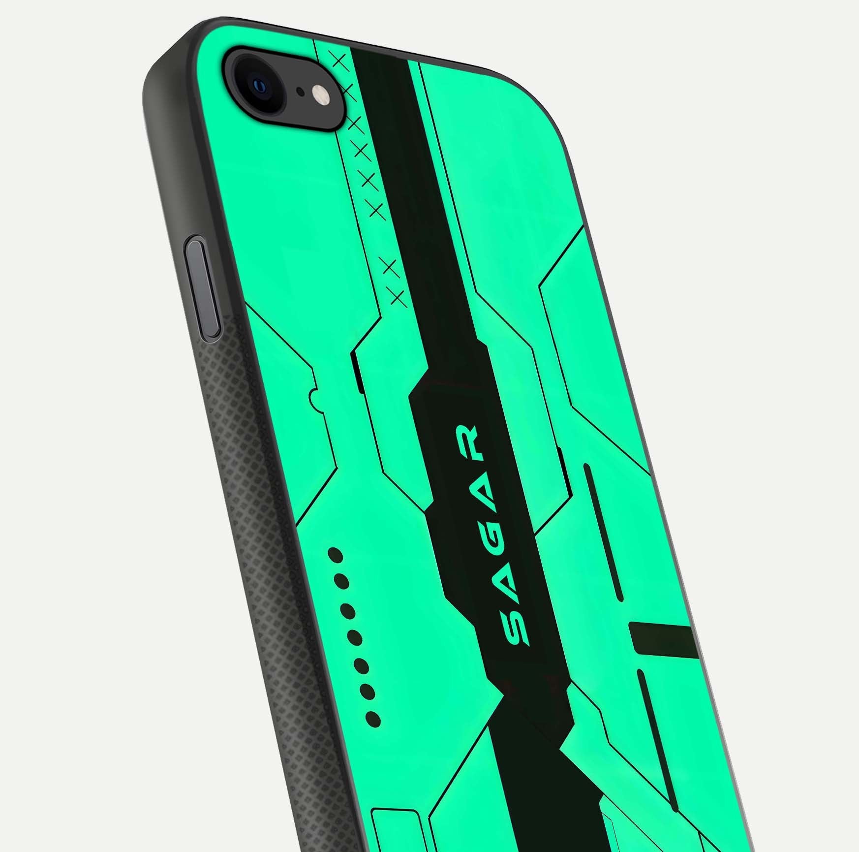 Aqua Tech CYBERPUNK Custom Name Glass Case for iPhone 16 Pro close-up angle showing futuristic blue lights and reflections