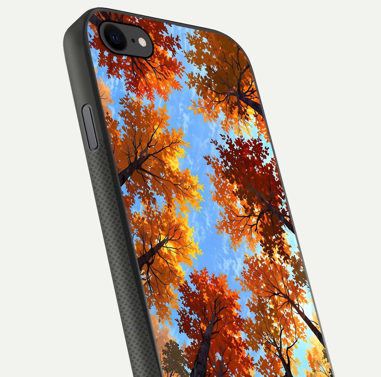 Autumn Sky Rise Glass Case for iPhone 16 Pro close-up shot of autumn tone details and HD shine reflection