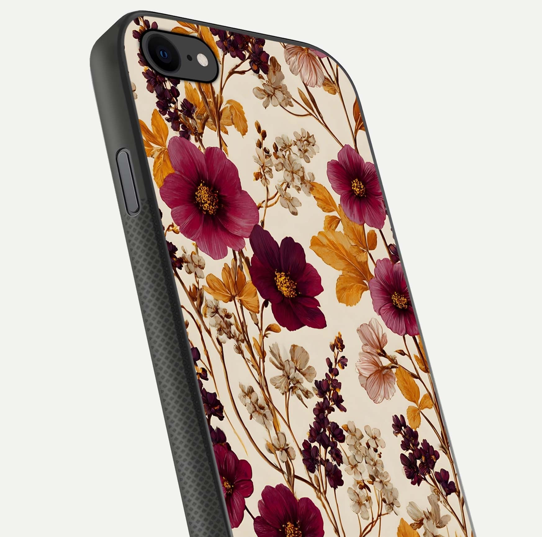 Autumn Wine Bloom Glass Case for iPhone 16 Pro close-up highlighting petal detail and gloss reflection