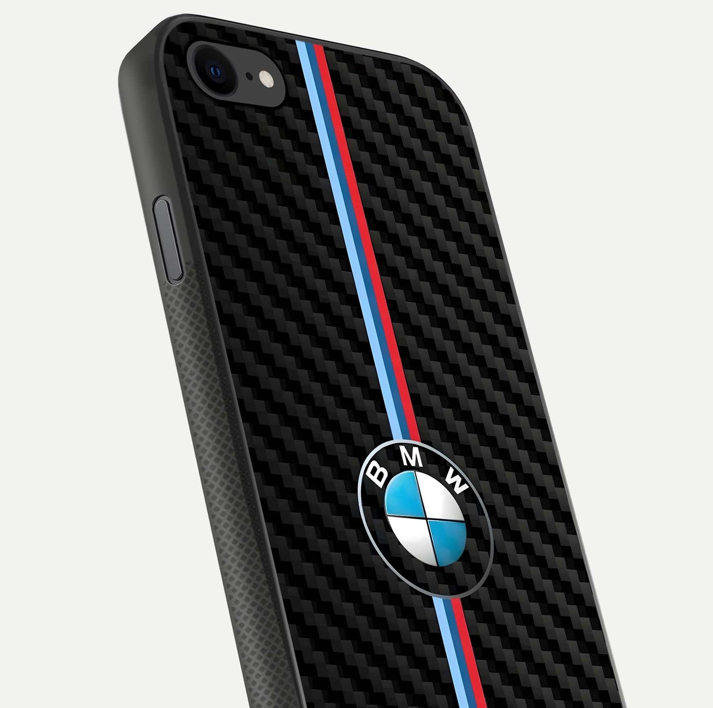 BMW Pattern Glass Case for iPhone 8 close-up angle showing BMW logo detailing and high-reflect gloss texture