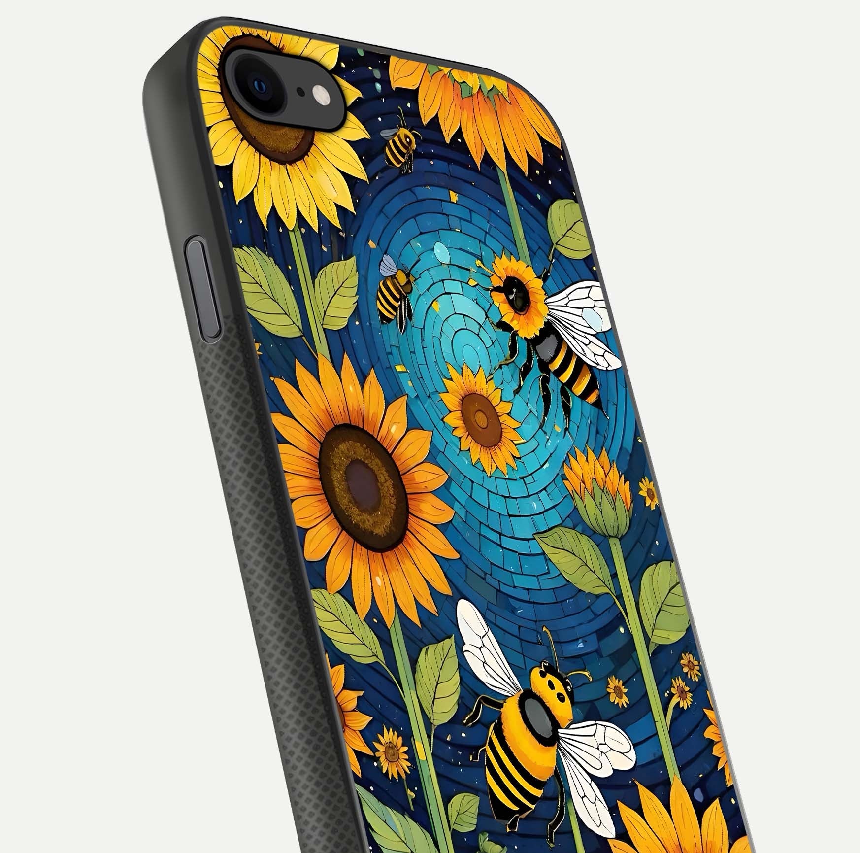 Bees & Sunflowers Glass Case for iPhone 16 Pro close-up angled shot showing detailed petals, bee prints, and glass reflection