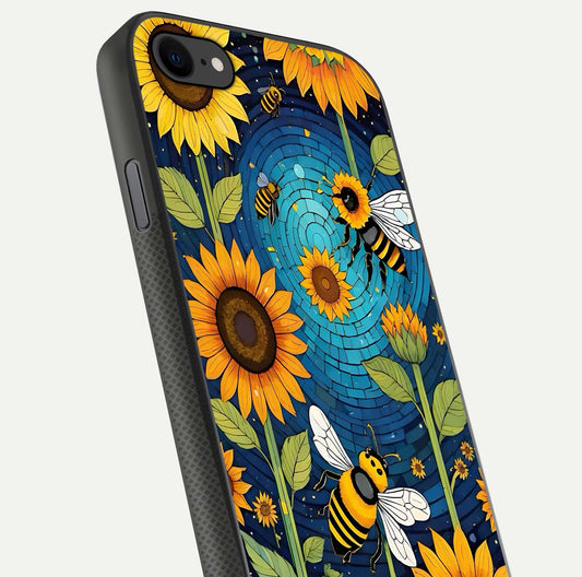 Bees & Sunflowers Glass Case for iPhone 8 close-up angled shot showing detailed petals, bee prints, and glass reflection