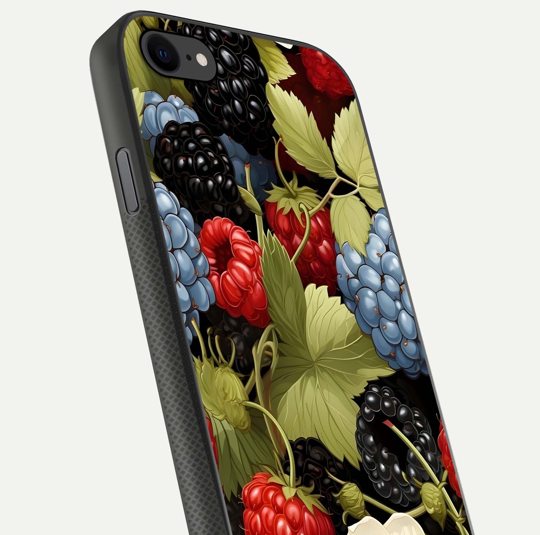 Berry Bloom Charm Glass Case for iPhone 8 close-up view highlighting berry color tones and fine petal detailing
