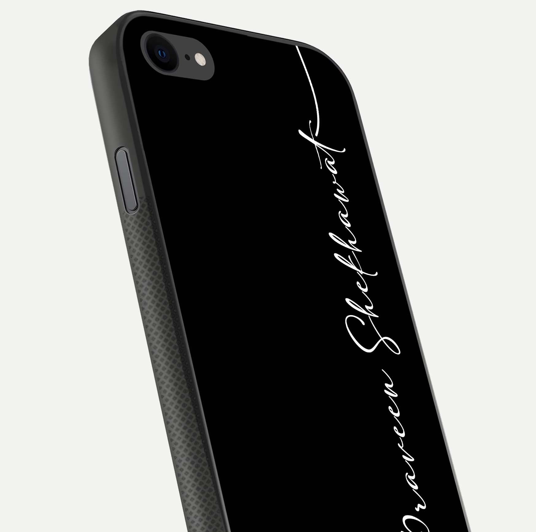 Black Tune Custom Name Glass Case for iPhone 8 close-up shot highlighting sleek monochrome design and reflection